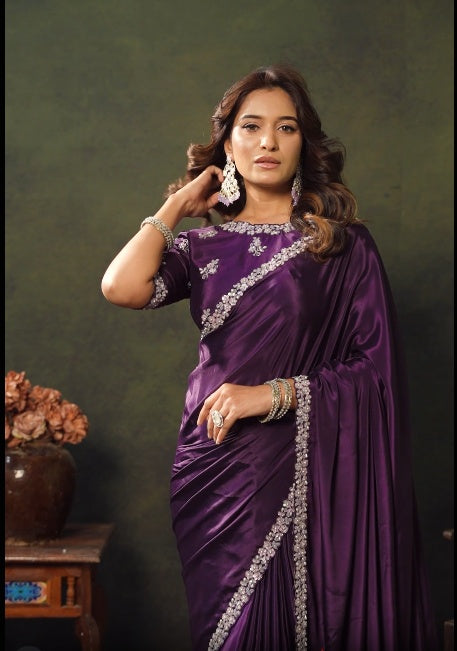 Deep Purple Satin Silk Saree Secondary image
