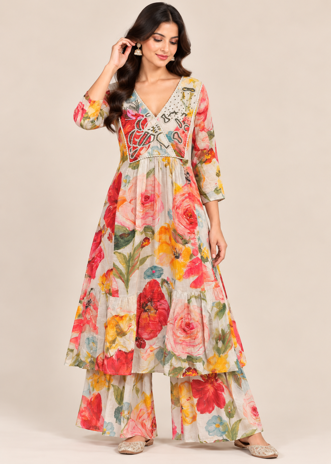 Multicolour Floral Printed Tiered Co-Ord Kurti with Sharara Pants