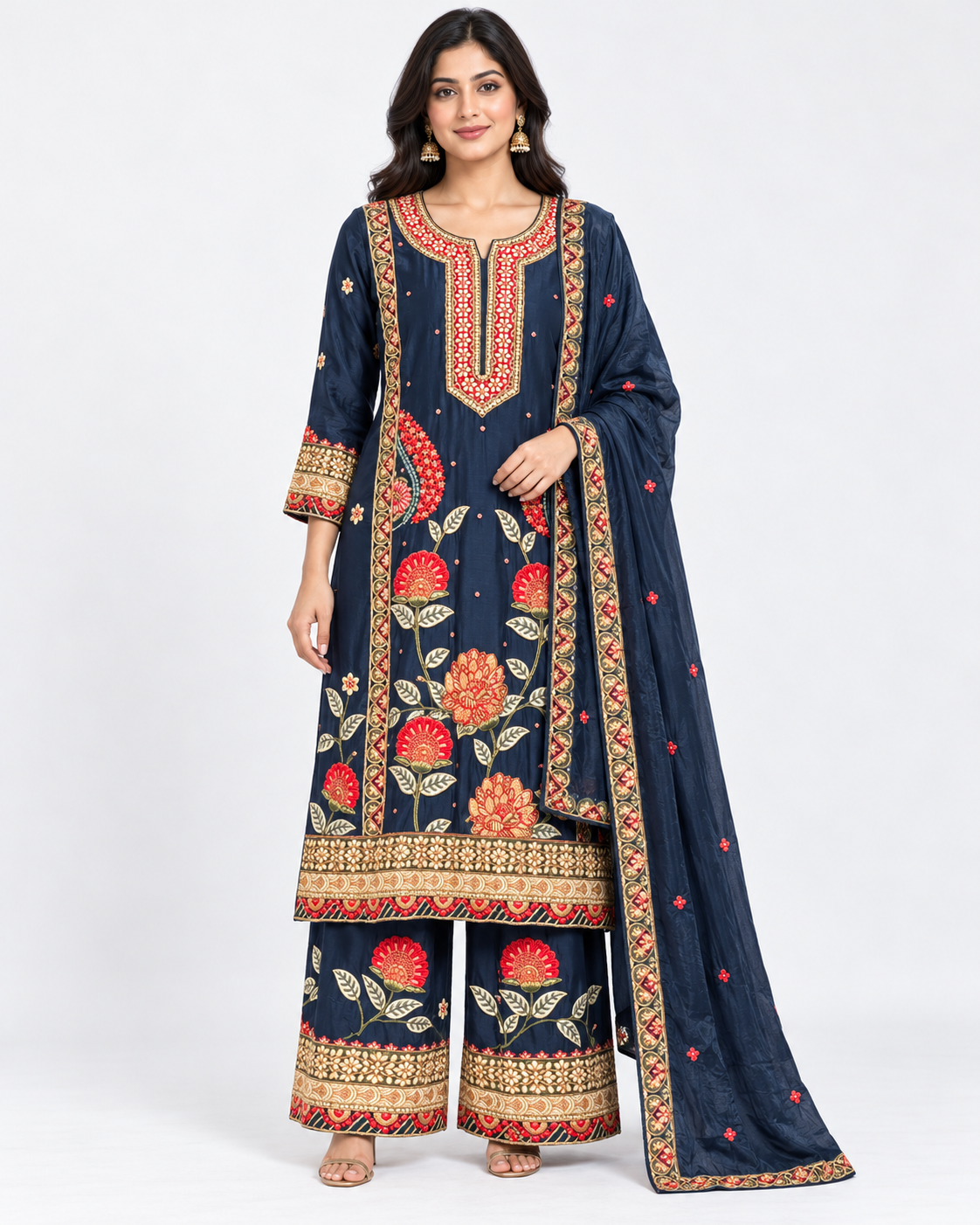 Navy Blue Floral Palazzo Suit