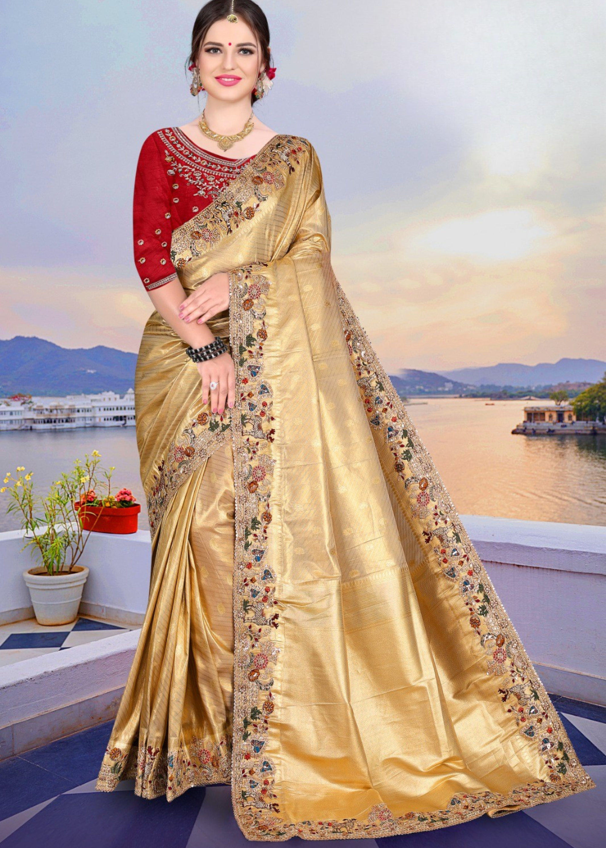 Heavy Embroidered Banarasi Silk Saree Secondary image