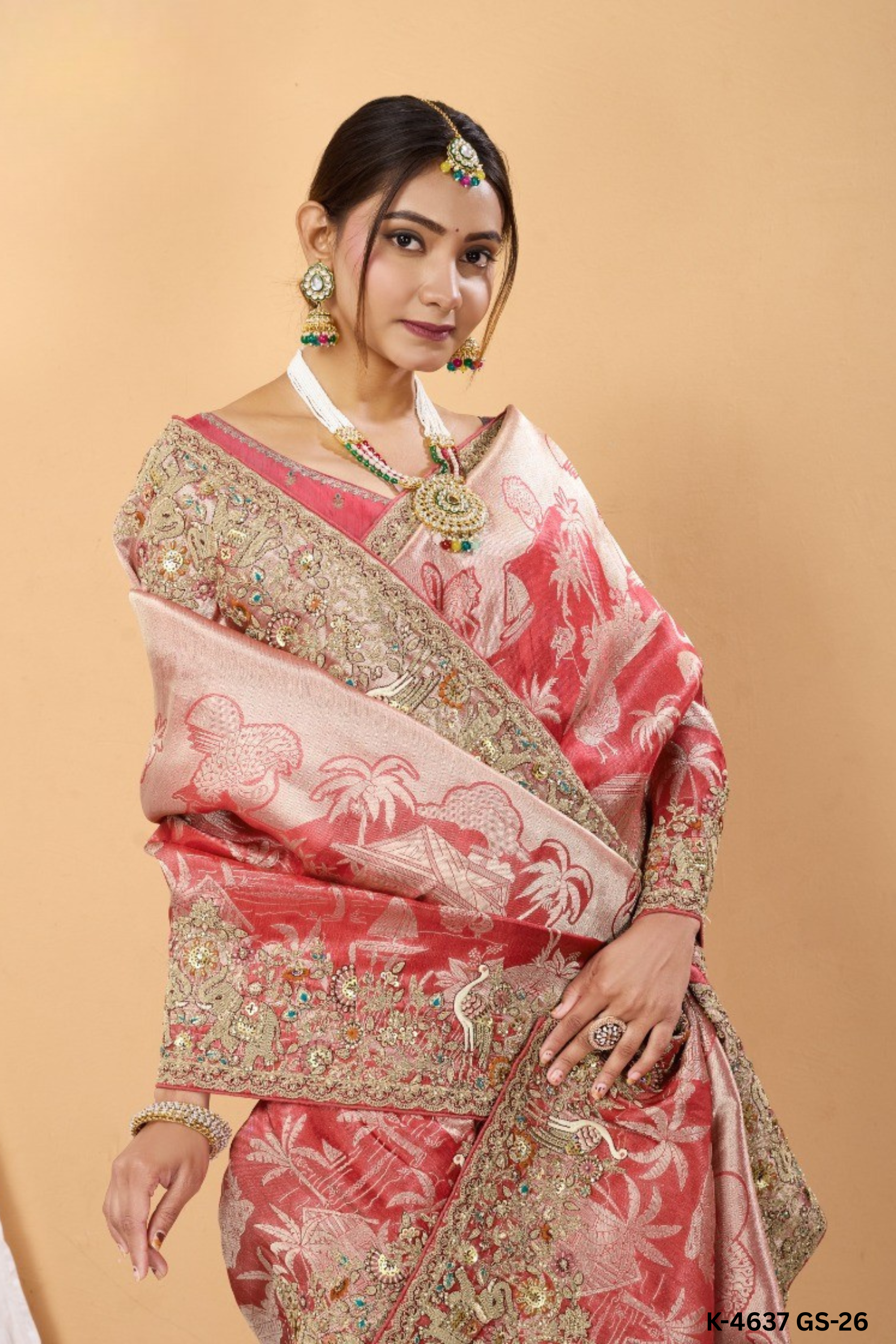 Pichwai Print Rose Gold Silk Saree Secondary image