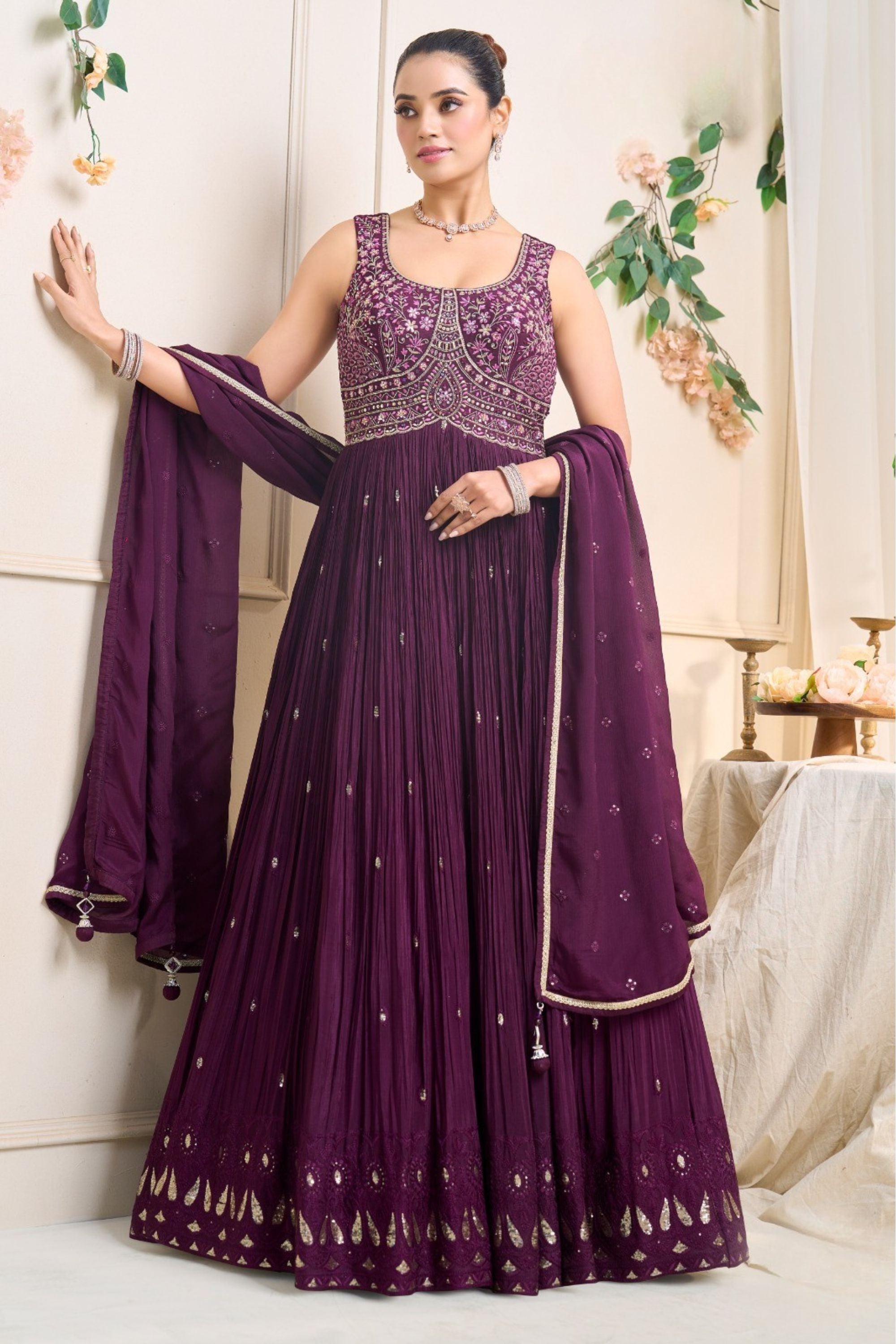 Deep Royal Purple Embroidered Pleated Anarkali Set