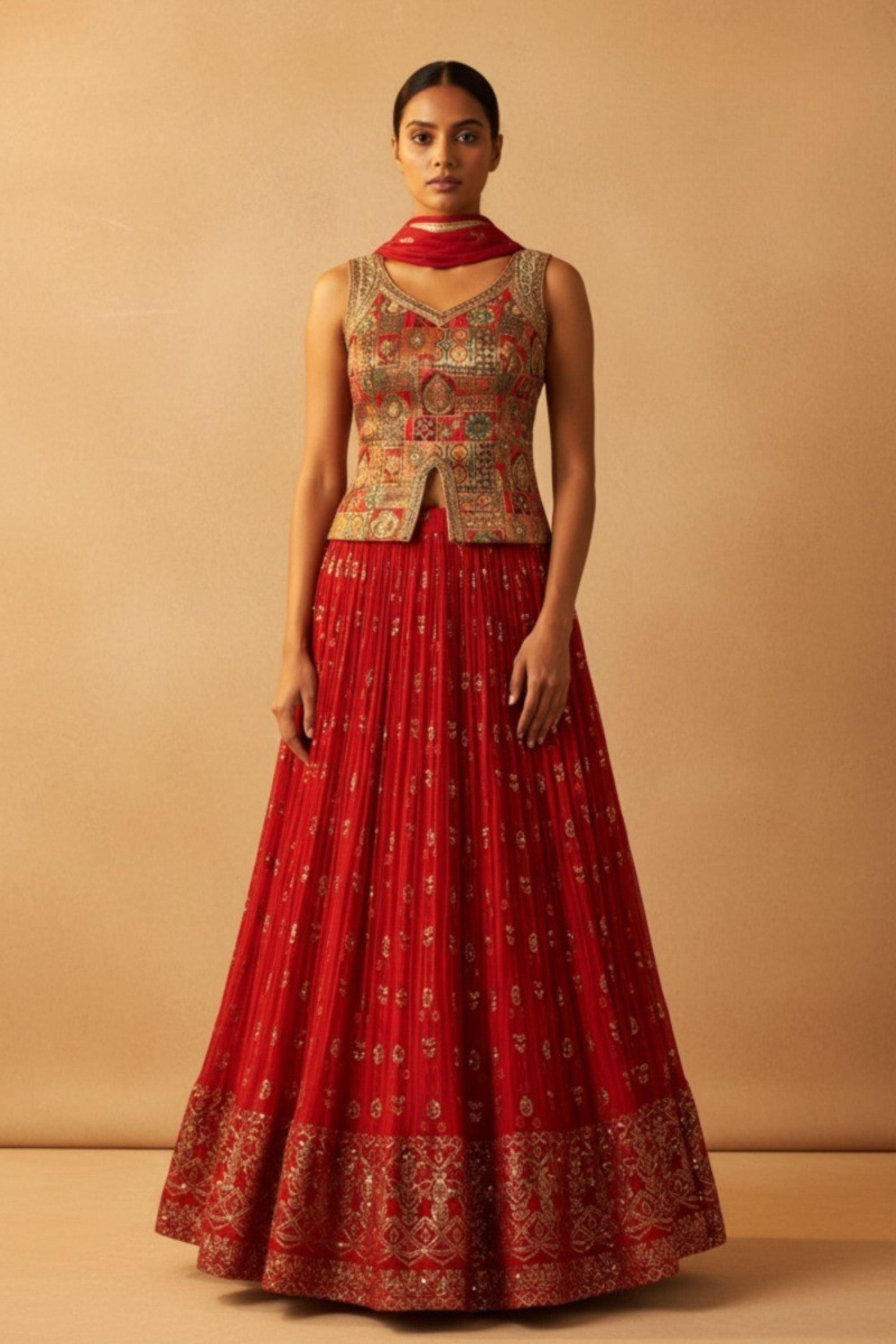 Red Embroidered Peplum Top & Lehenga Set