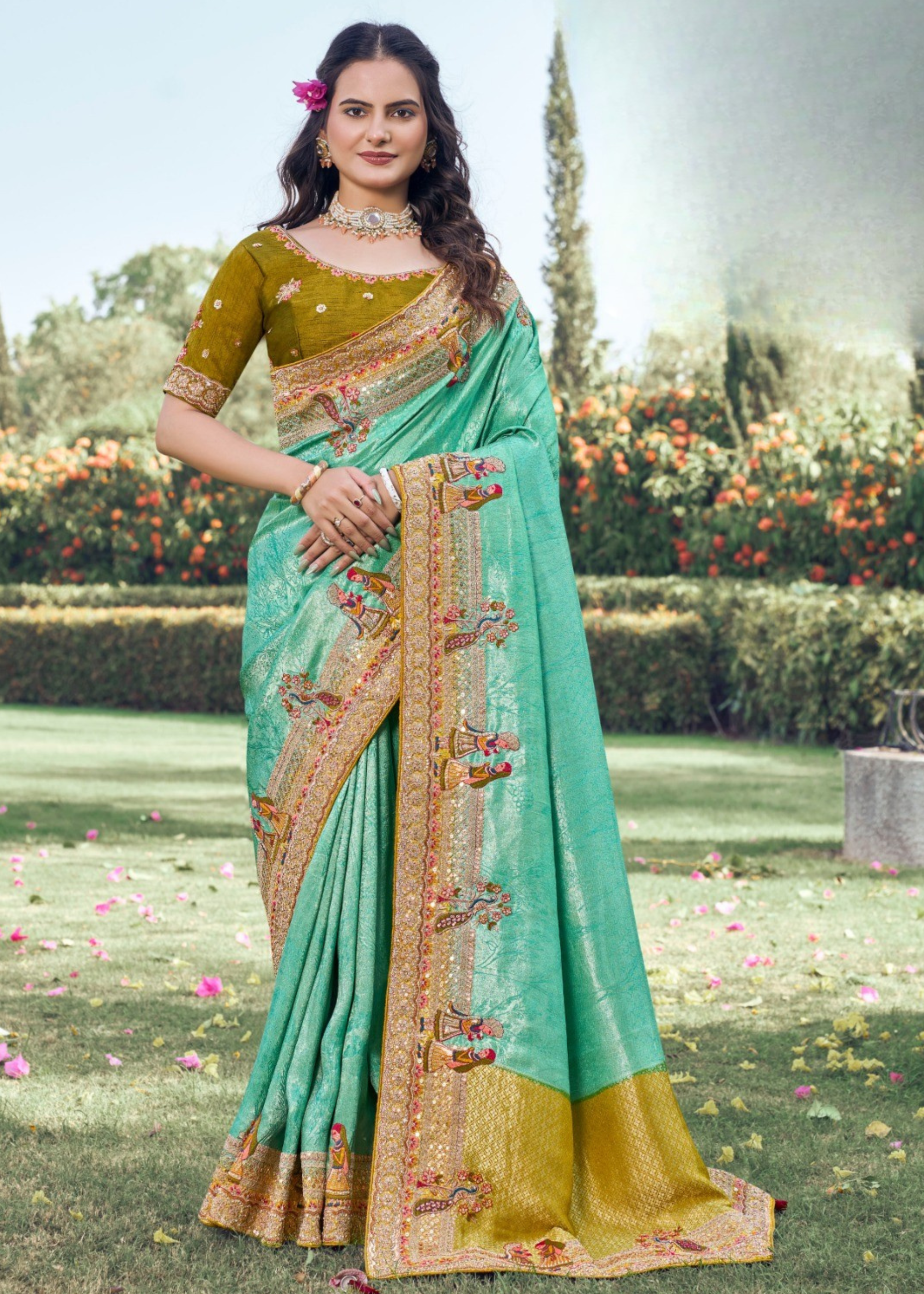 Luminous Sea Green Tissue Silk Saree Main image