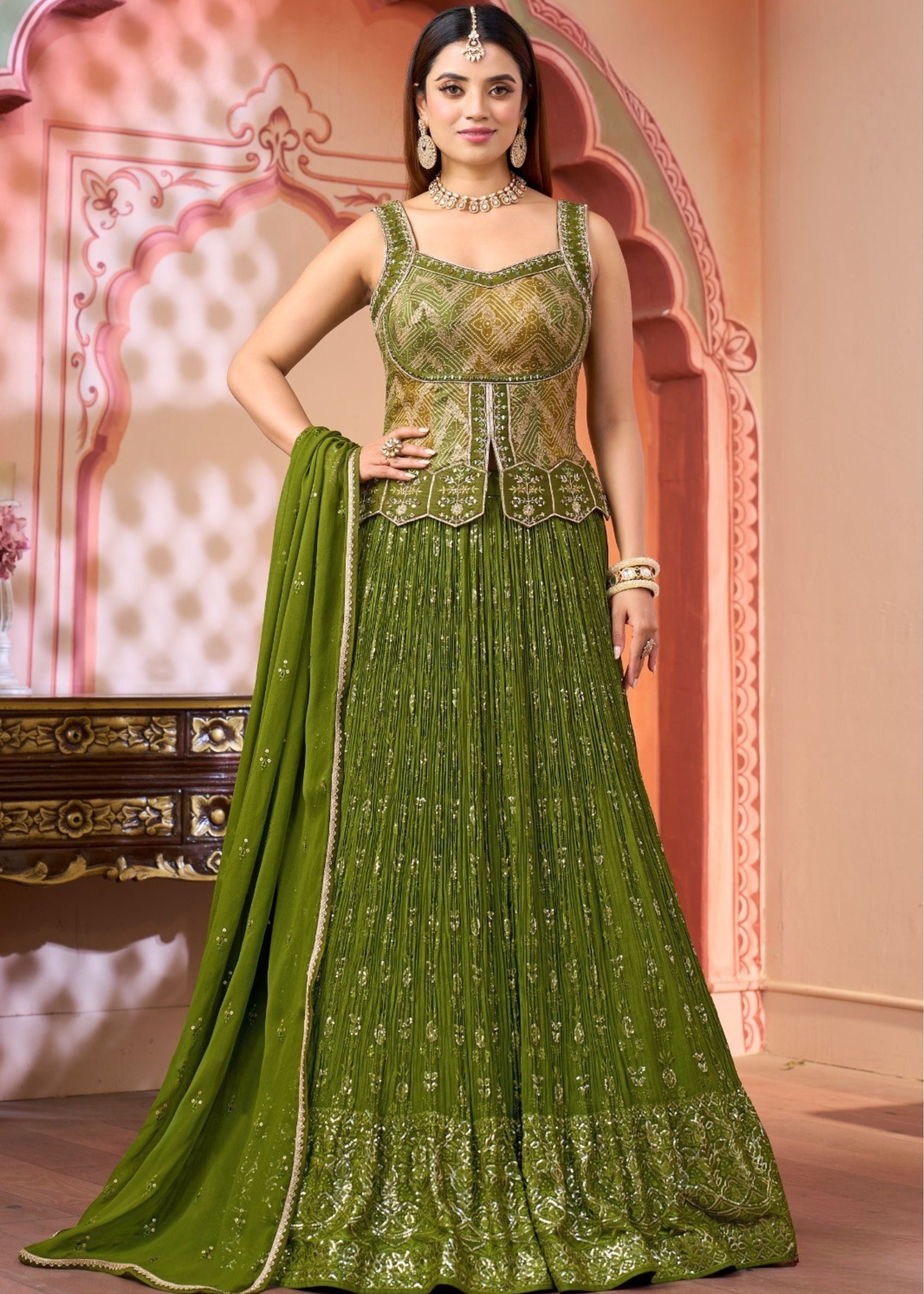 Olive Green Embroidered Peplum Lehenga Set Main image