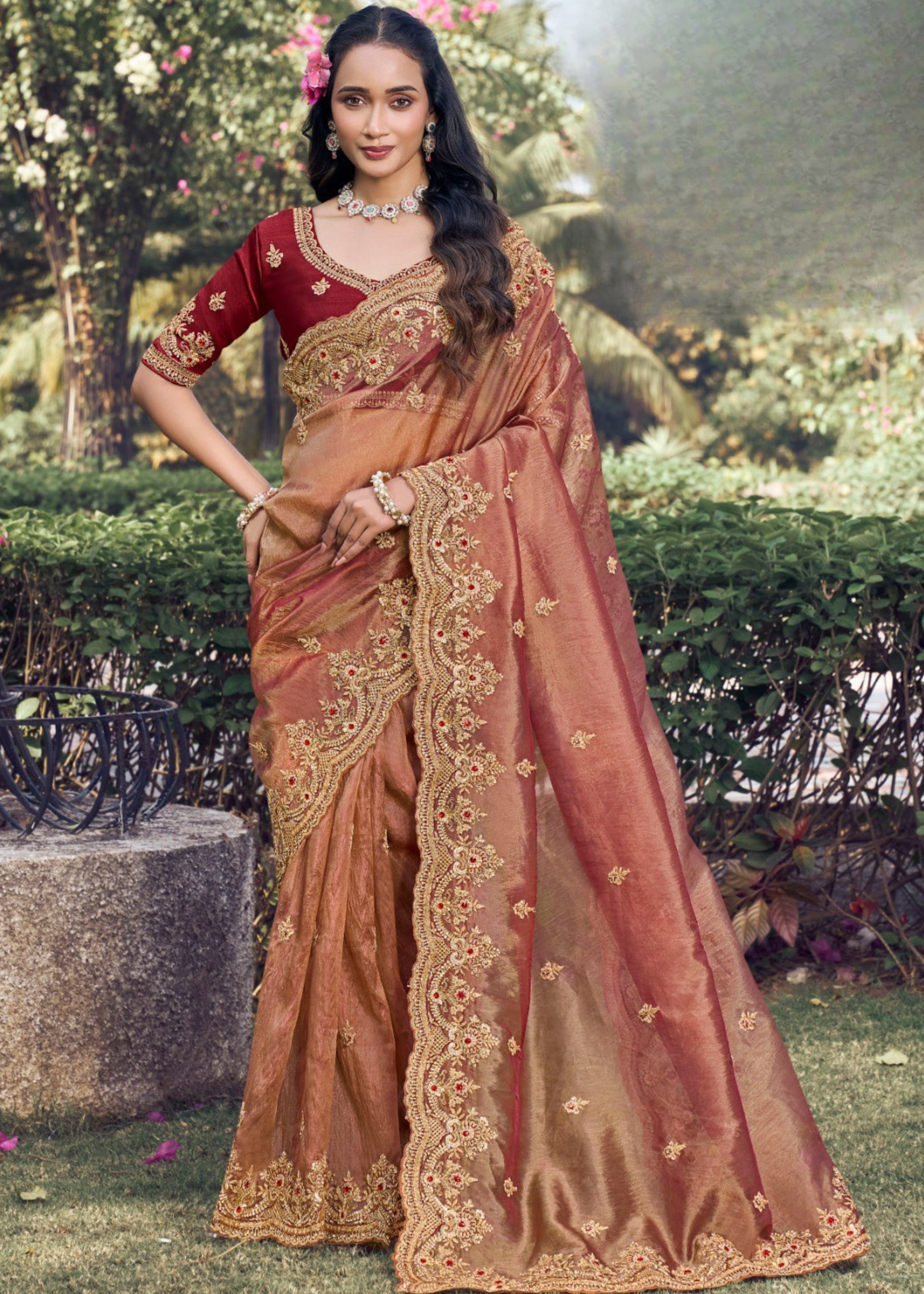 Exquisite Rose Gold Organza Silk Saree