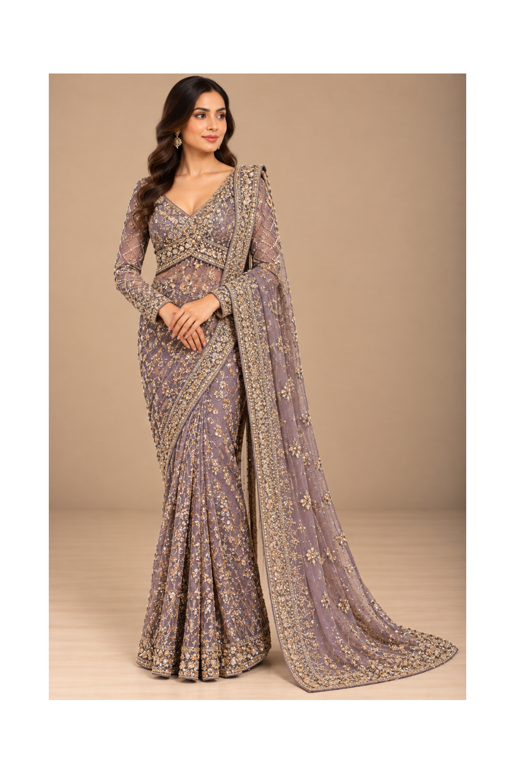 Smoky Mauve Embellished Saree Main image