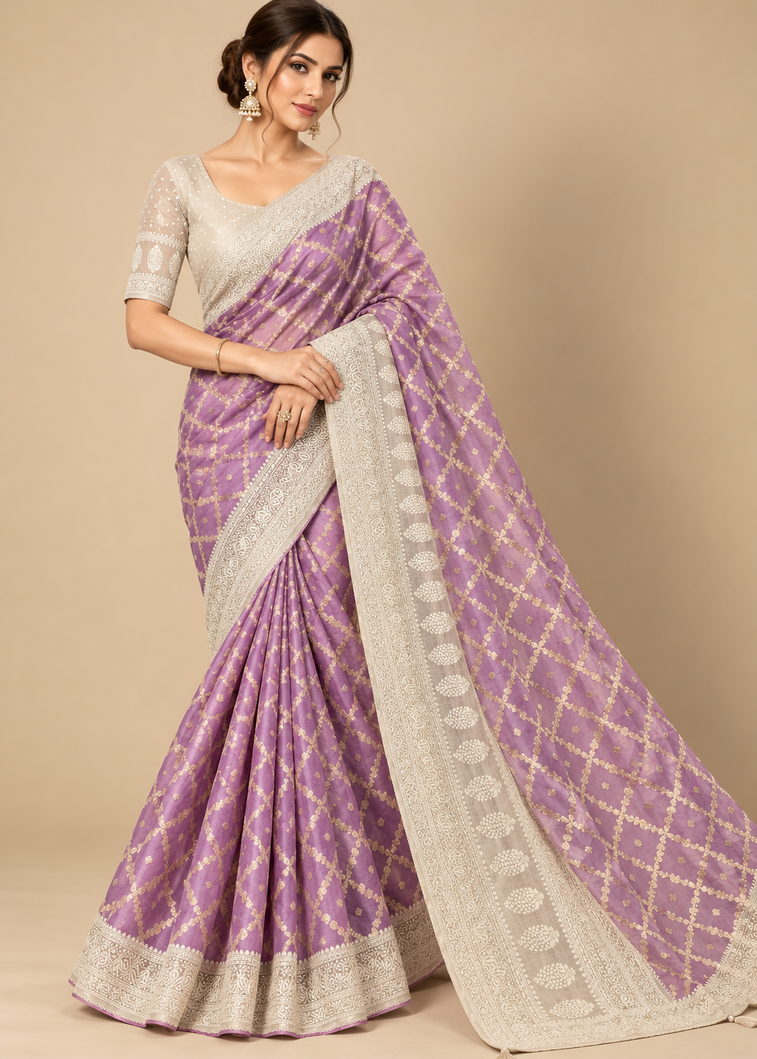 Lavender Zari Jaal Woven Saree with Embroidered Blouse