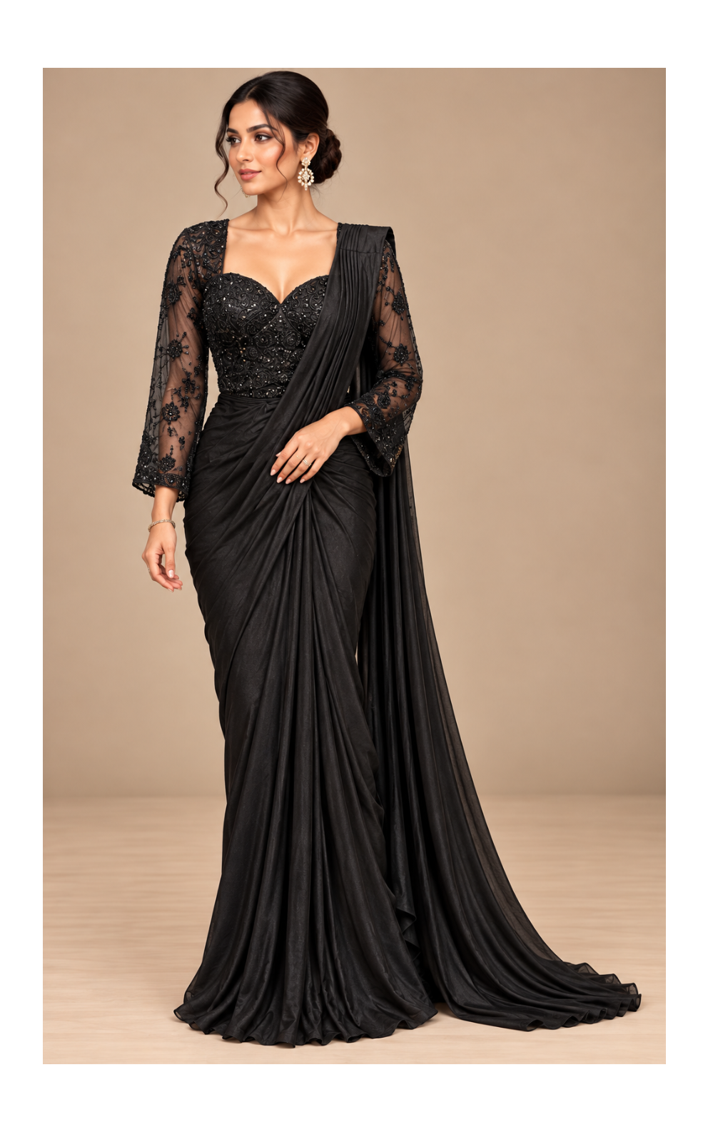 Black Drape Saree with Floral Beaded Blouse