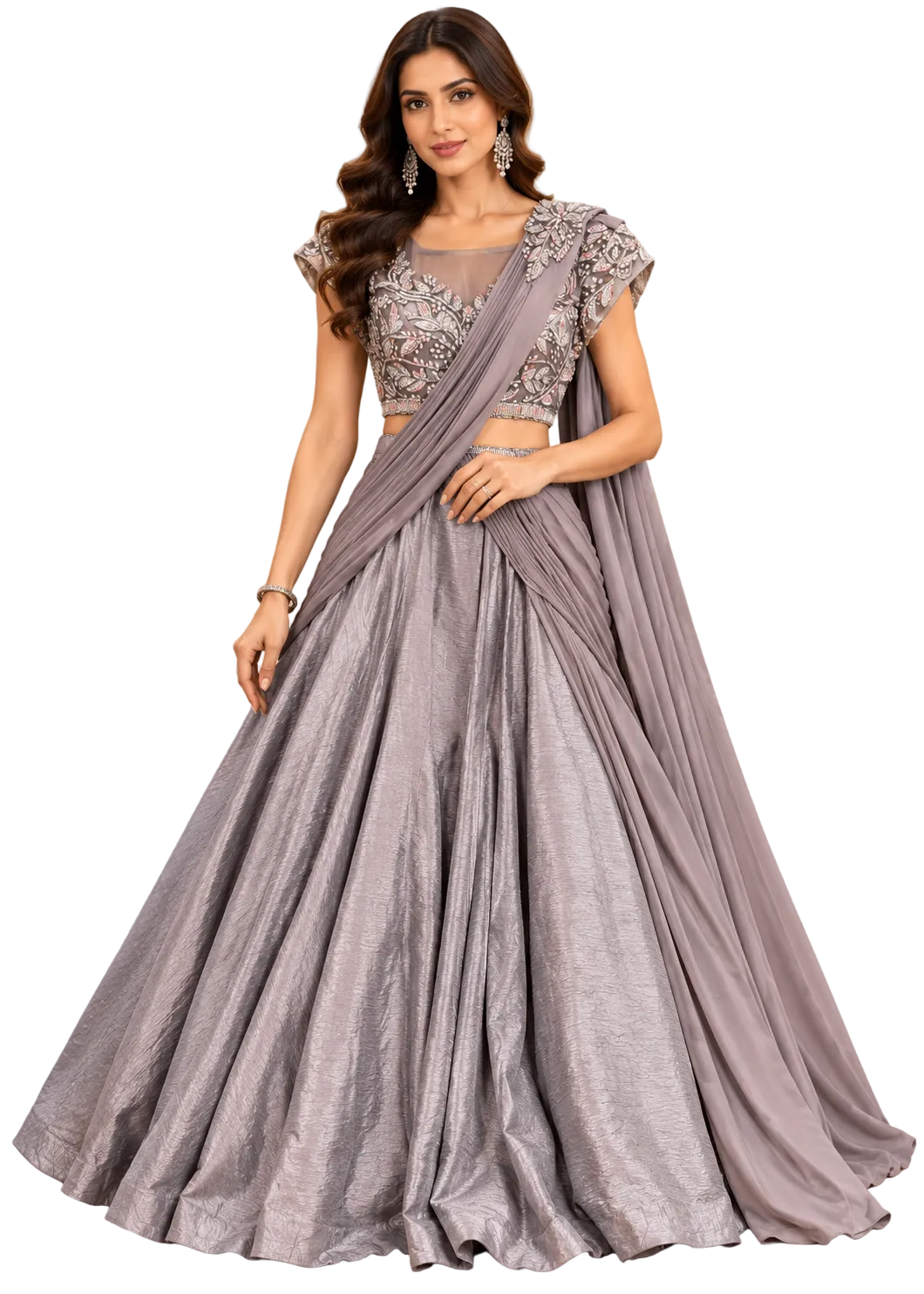 Elegant Grey Shimmer Lehenga with Floral Embellished Blouse