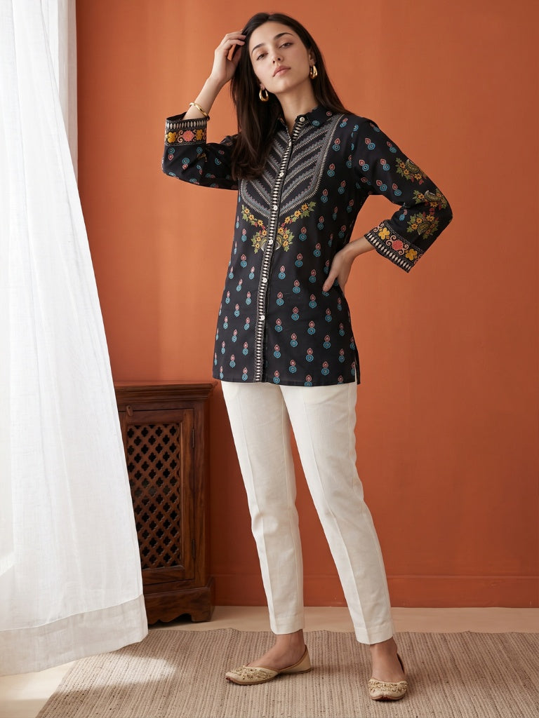 Black Embroidered Collar Short Kurti Set