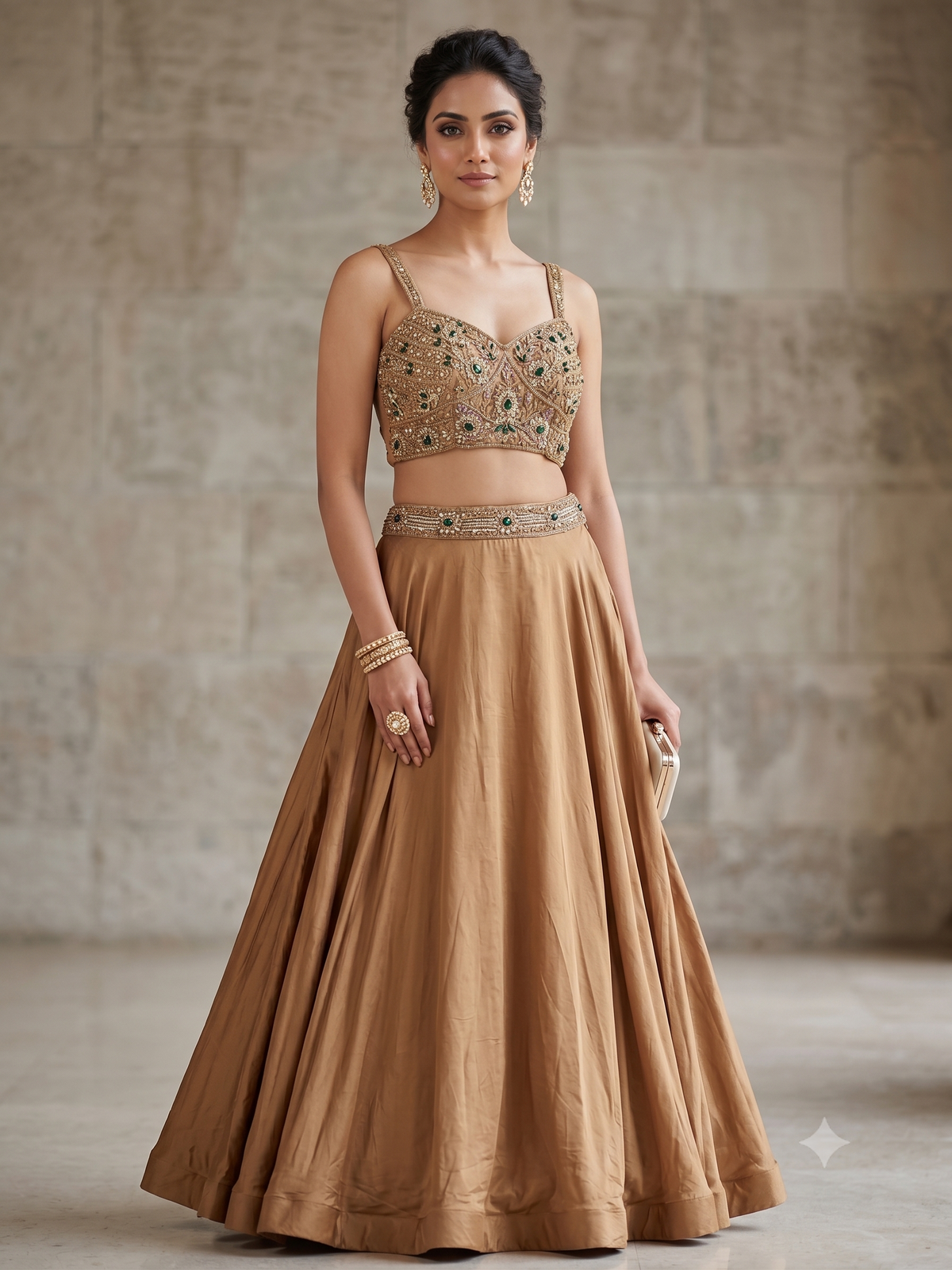 Antique Gold &amp; Emerald Stone Embellished Bustier Lehenga Set