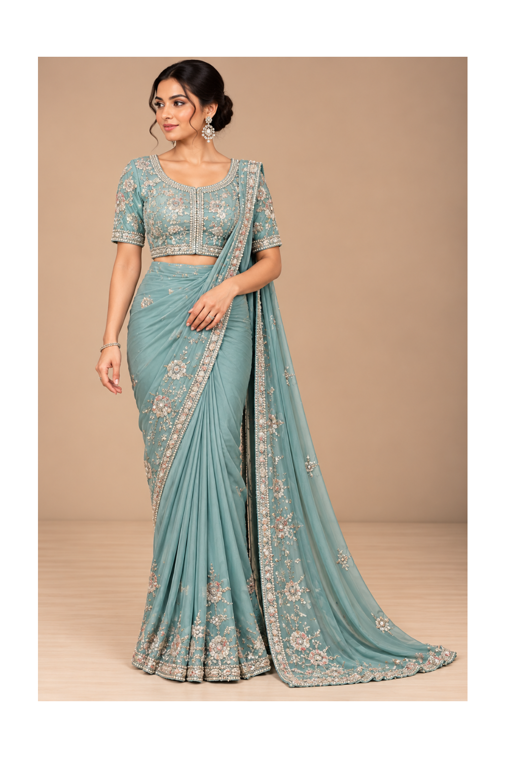 Firozi Blue Saree Fabric with Delicate Floral Embroidery, Embellished Border and Matching Unstitched Blouse Material