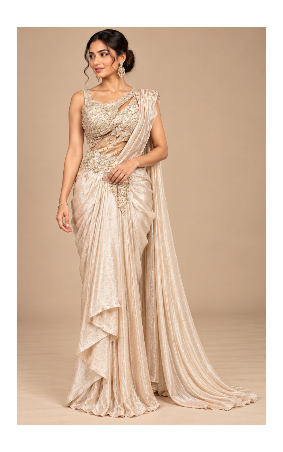 Champagne Gold Shimmer Drape Saree with Ornate Embellished Blouse