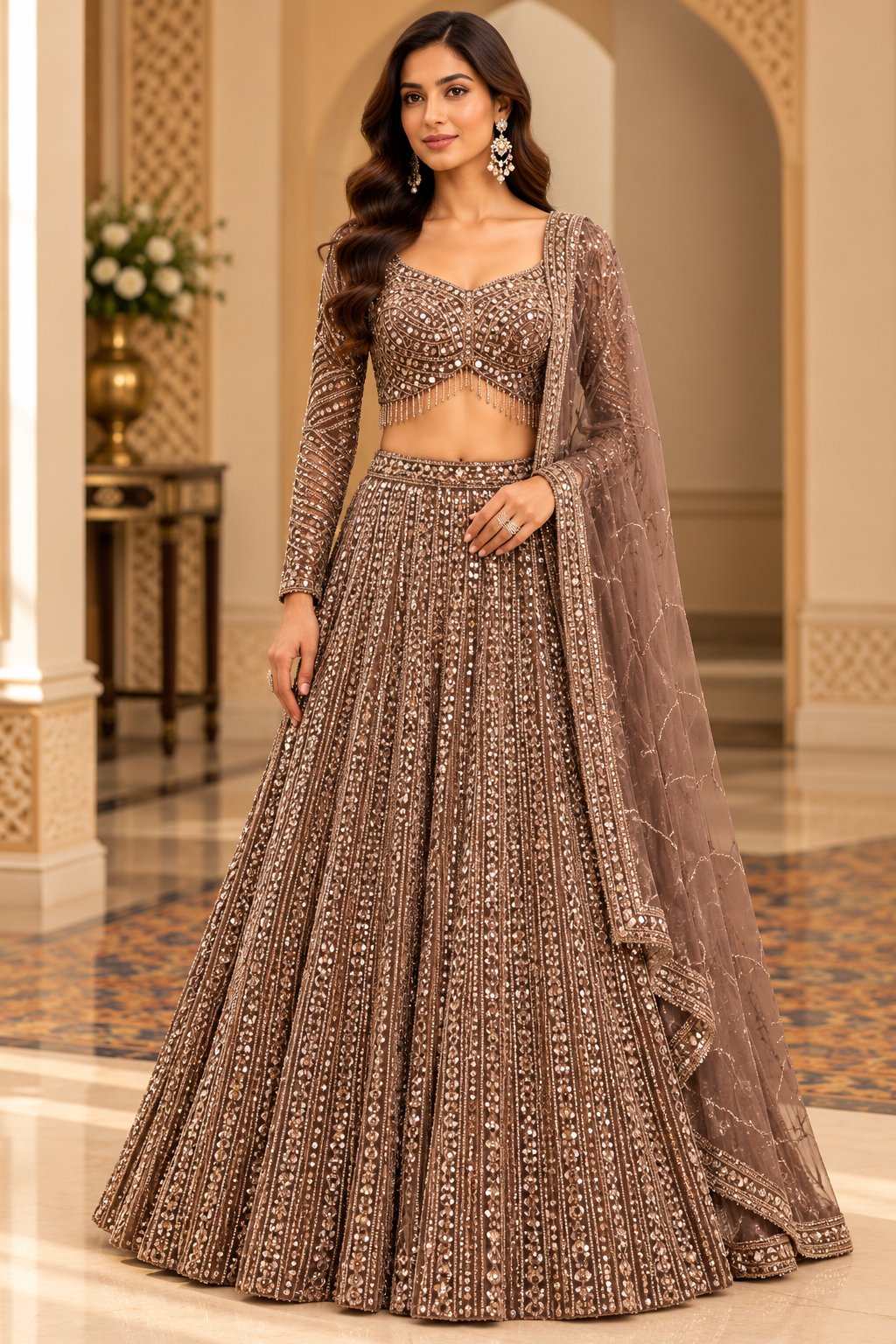 Brown Metallic Embellished Lehenga