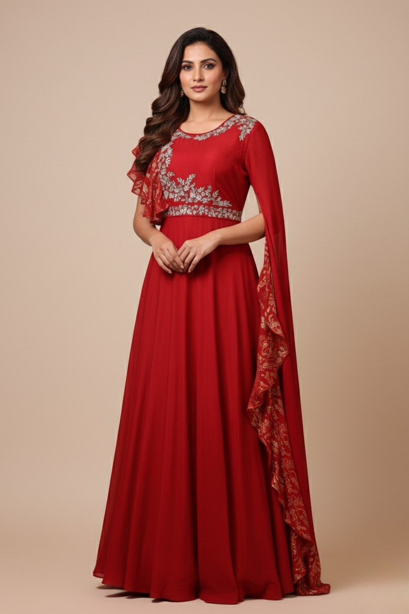 Regal Ruby Red Embroidered Gown ( ME-1028 B-87)