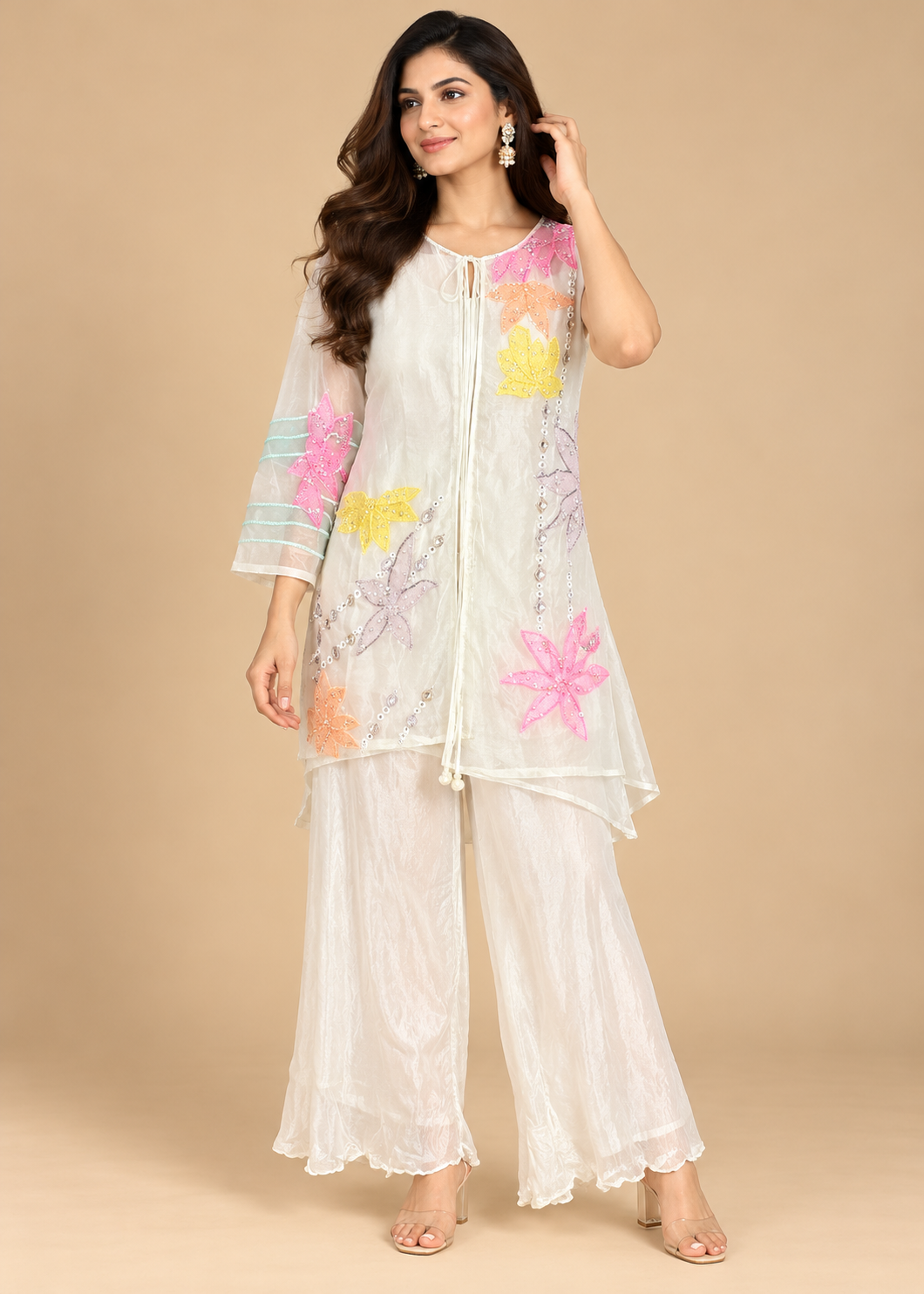 White Floral Embroidered Kurta Set with Palazzo Pants