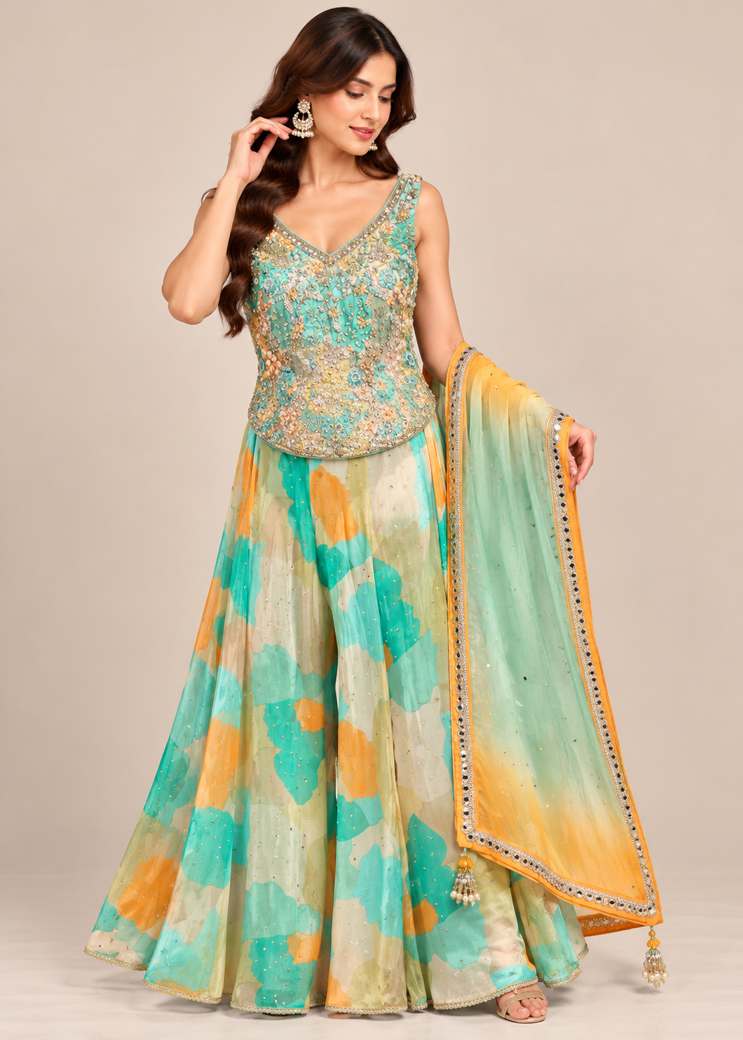 Aqua Blue and Mustard Floral Indo-Western Lehenga Set