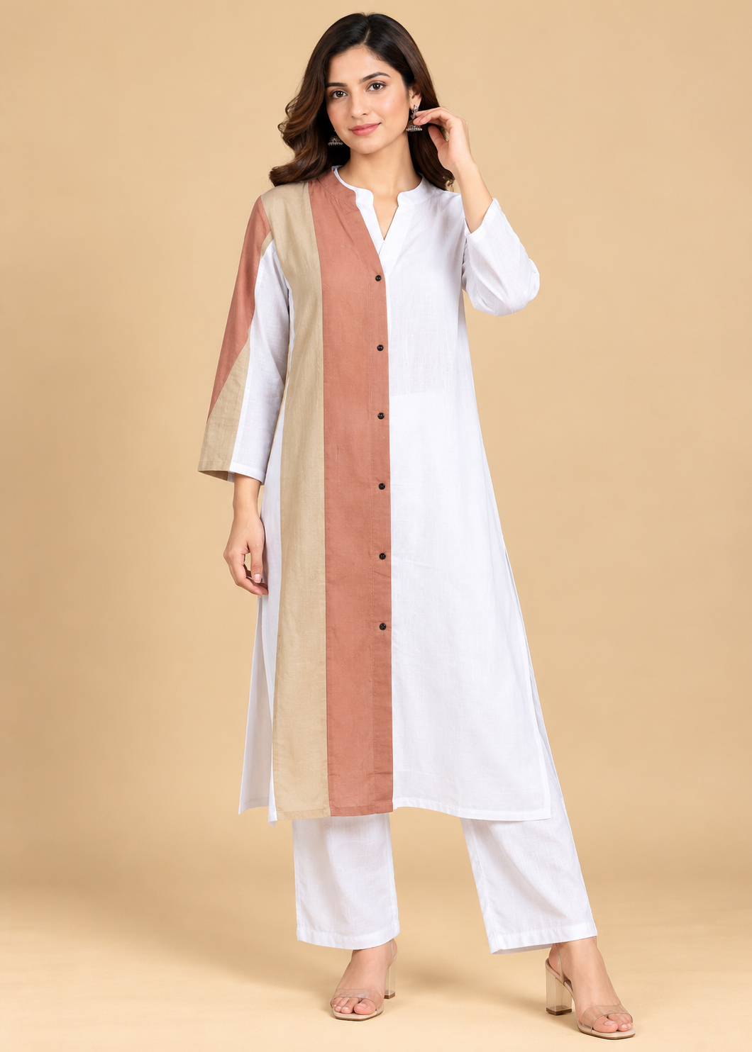 White & Peach Color-Block Co-Ord Set