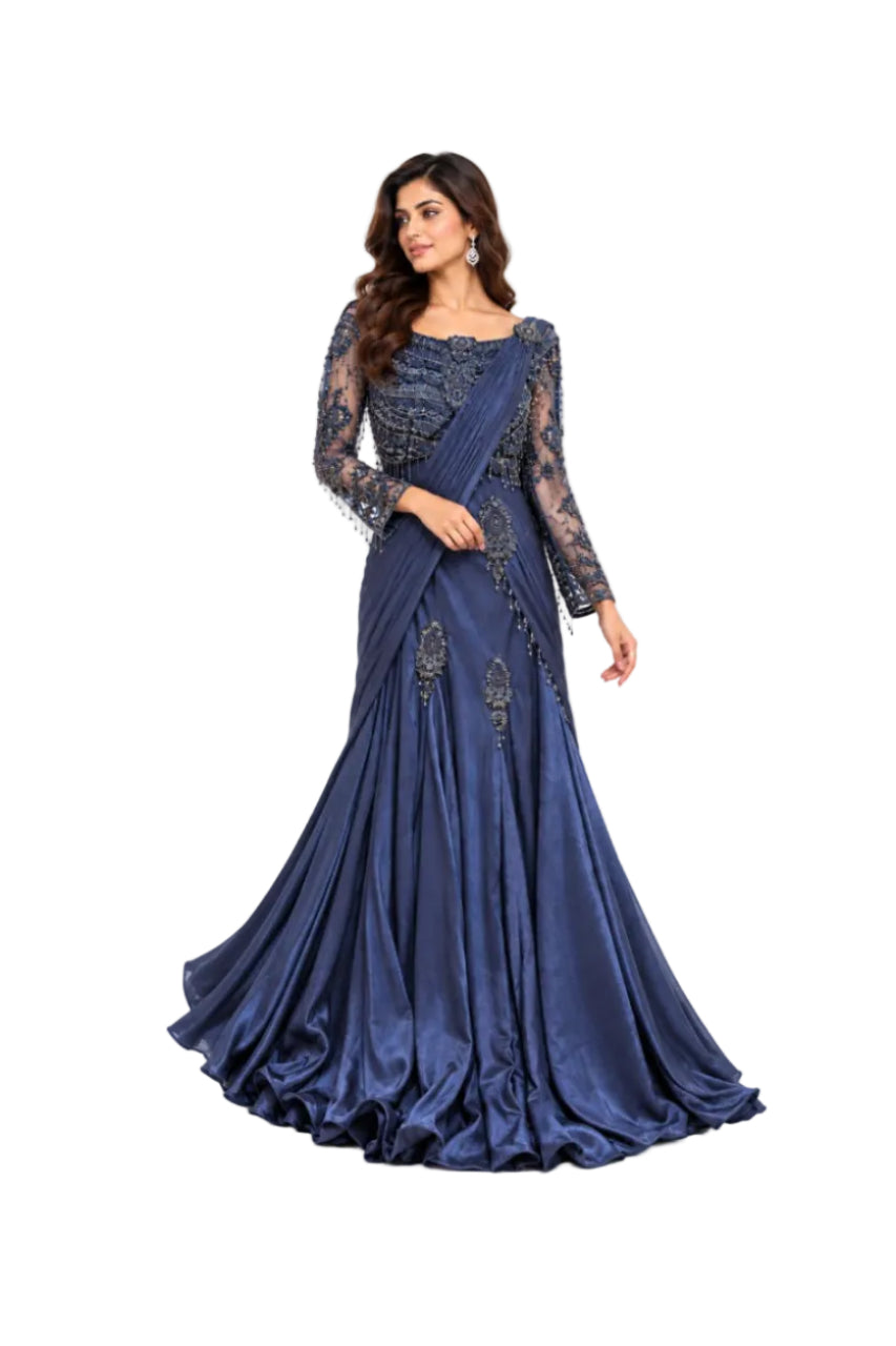 Navy Blue Draped Lehenga with Beaded Blouse