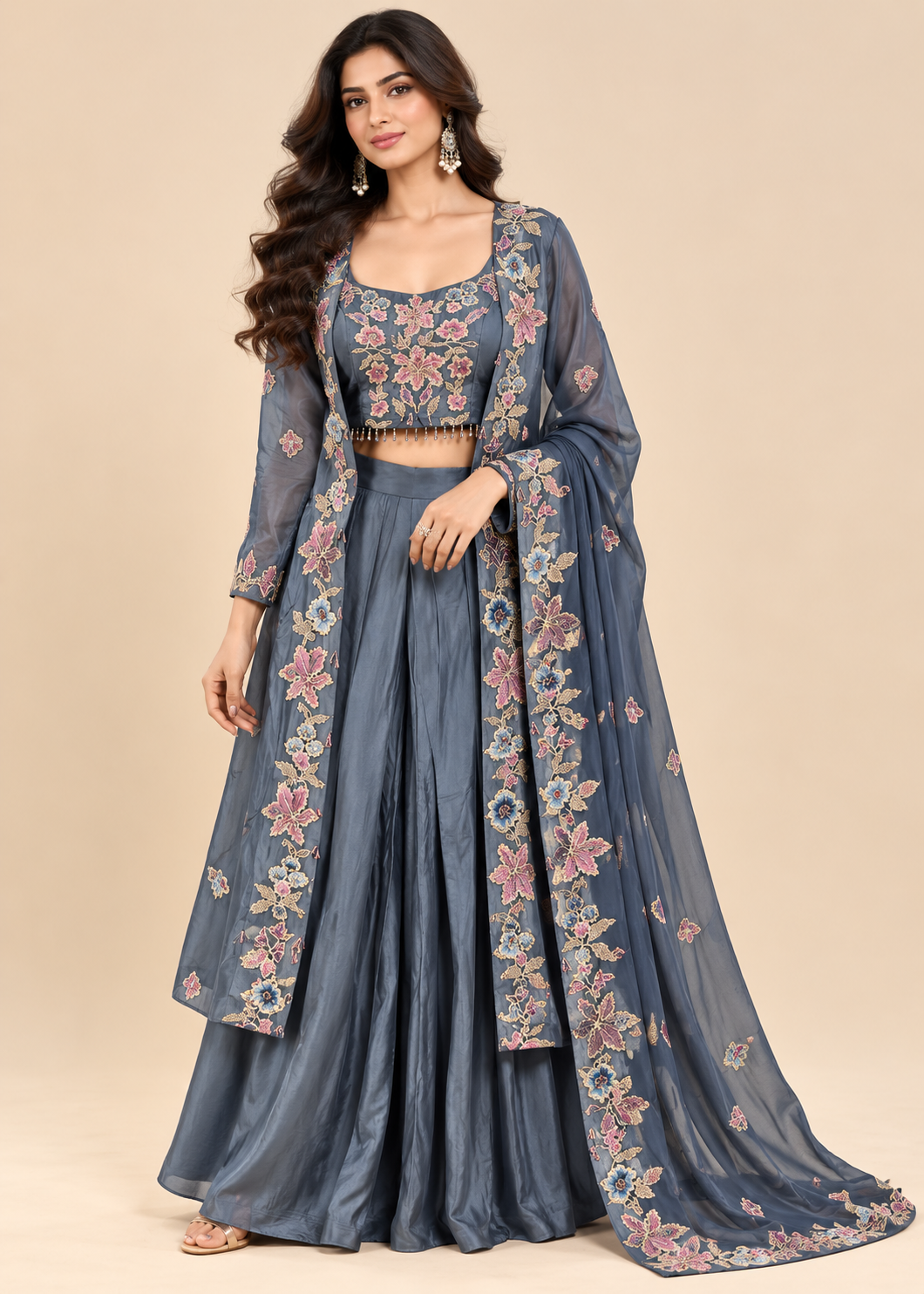 Grey Embroidered Palazzo Jacket Set