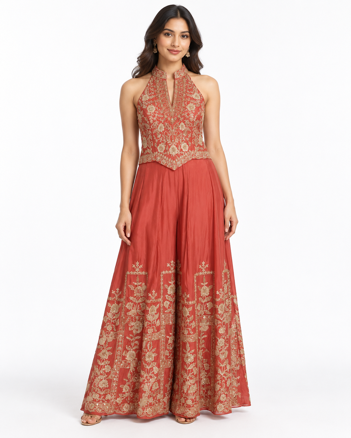 Coral Red Gold Embroidered Fusion Set