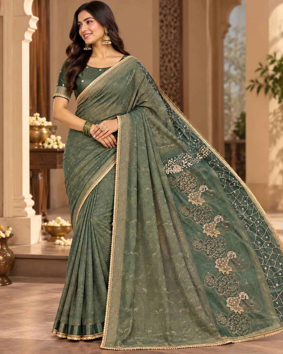 Olive Green Embroidered Silk Saree Main image