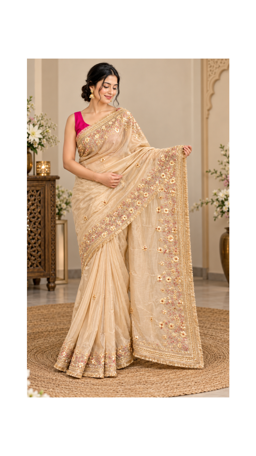 Beige Embellished Saree with Stitched Blouse Main image
