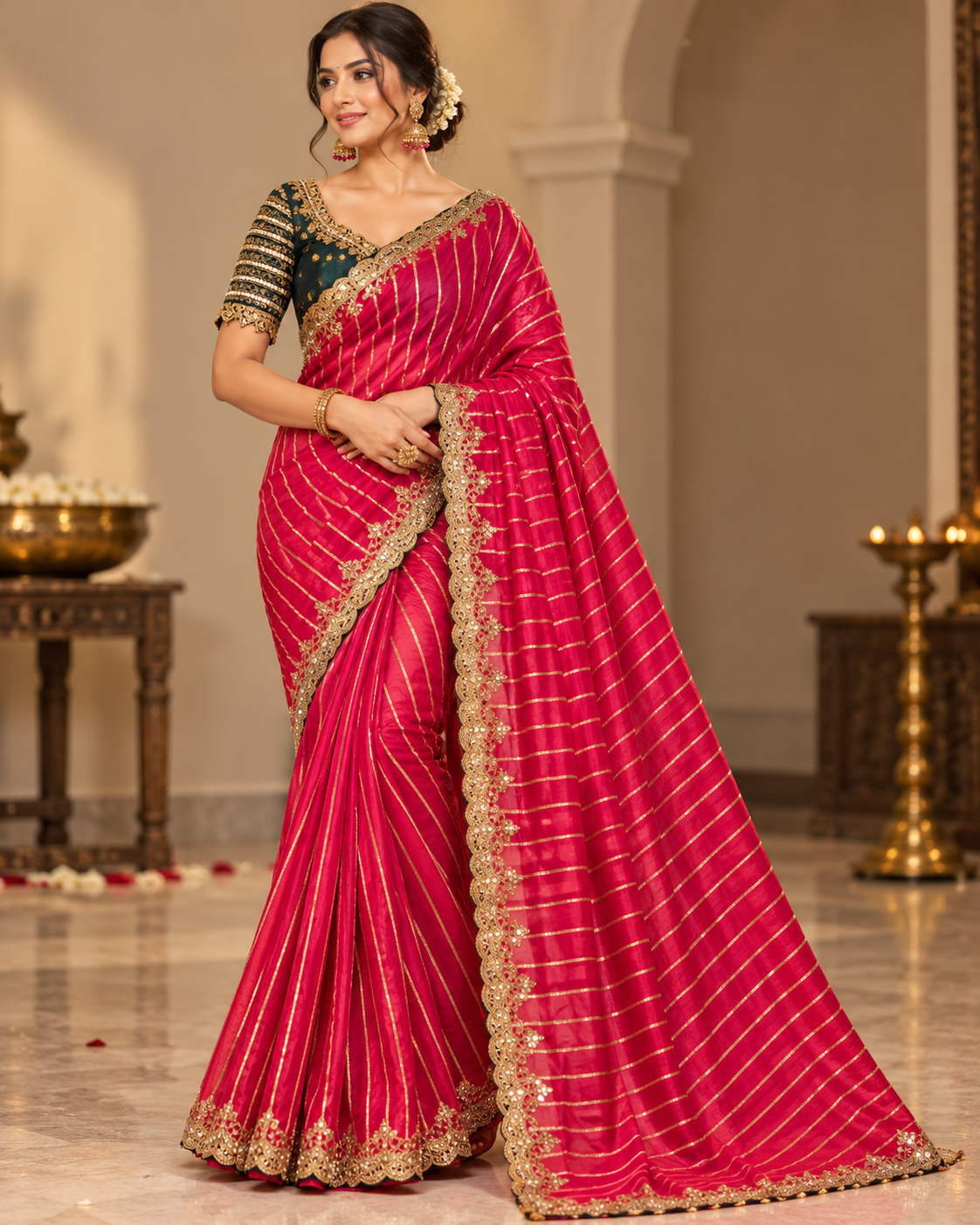 Rani Pink Zari Striped Silk Saree