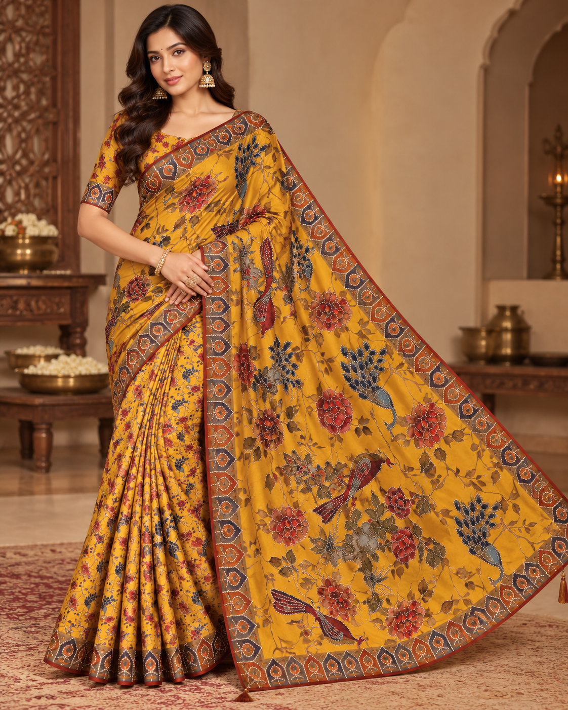Mustard Yellow Kalamkari Printed Silk Saree Main image