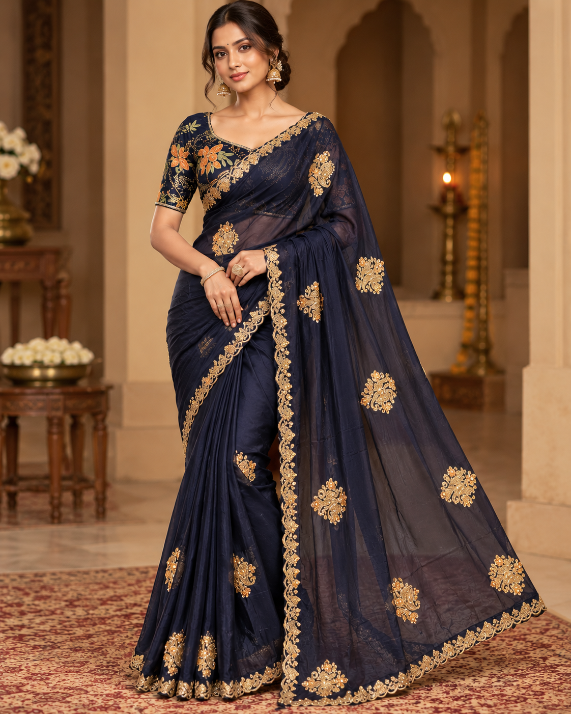 Navy Blue Zari Embroidered Organza Saree