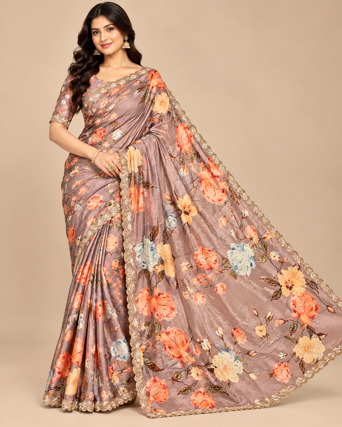 Taupe Brown Floral Satin Saree