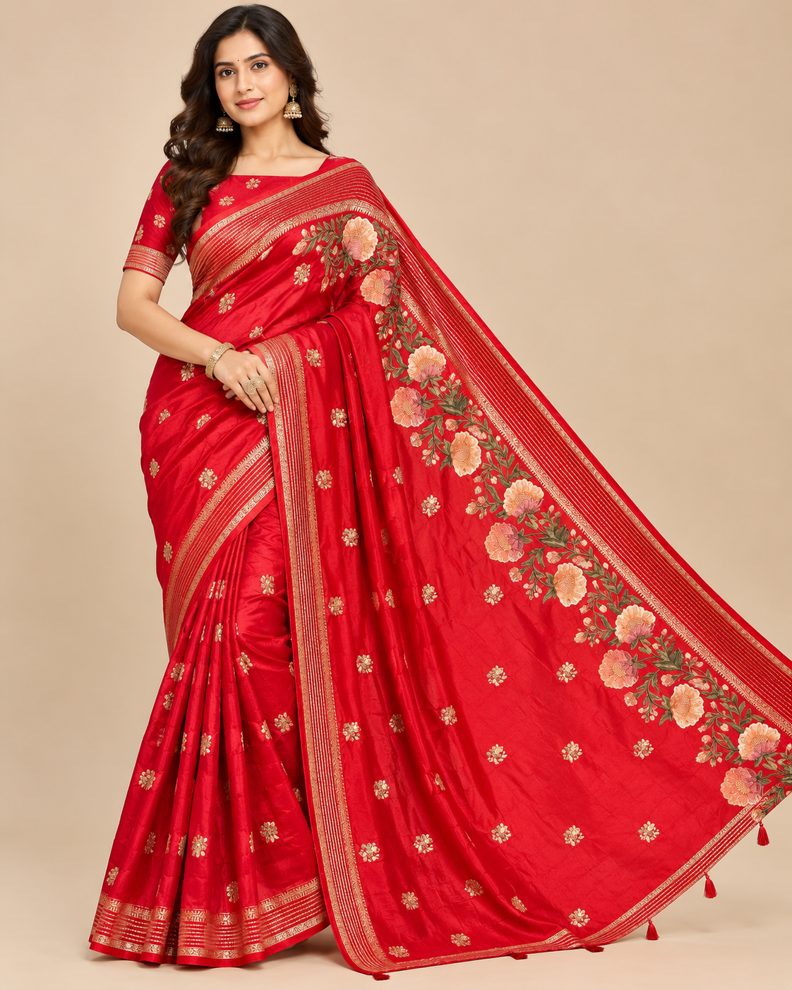 Navy Blue Floral Embroidered Silk Saree
