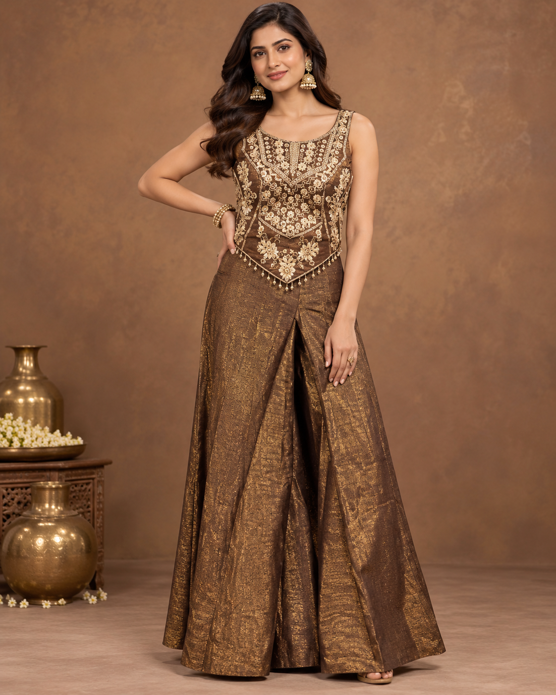 Chocolate Brown Embroidered Cape & Chokar Dupatta Main image