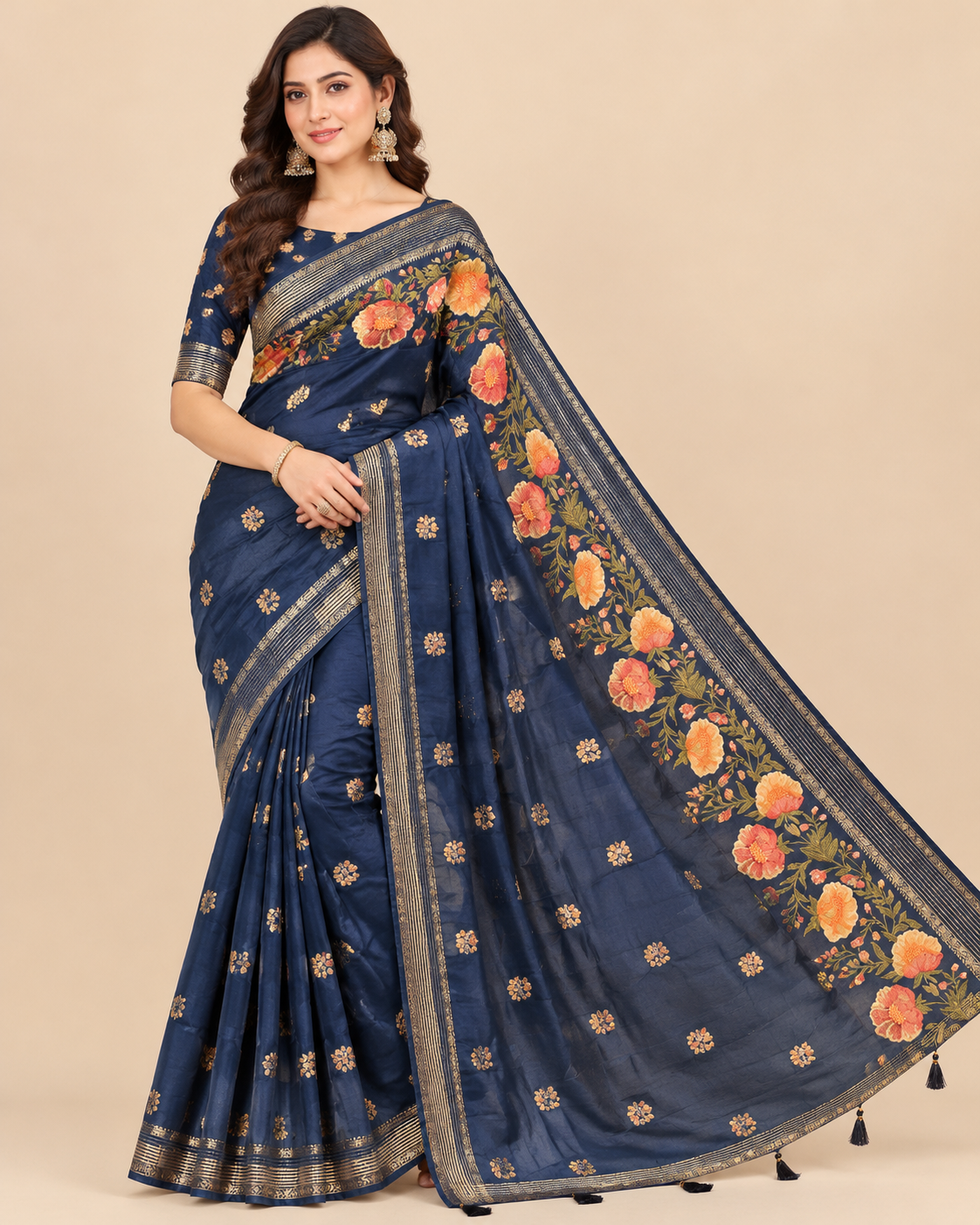 Navy Blue Floral Embroidered Silk Saree