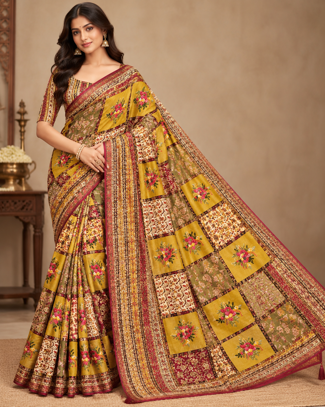 Mustard Yellow Patchwork Printed Silk Saree