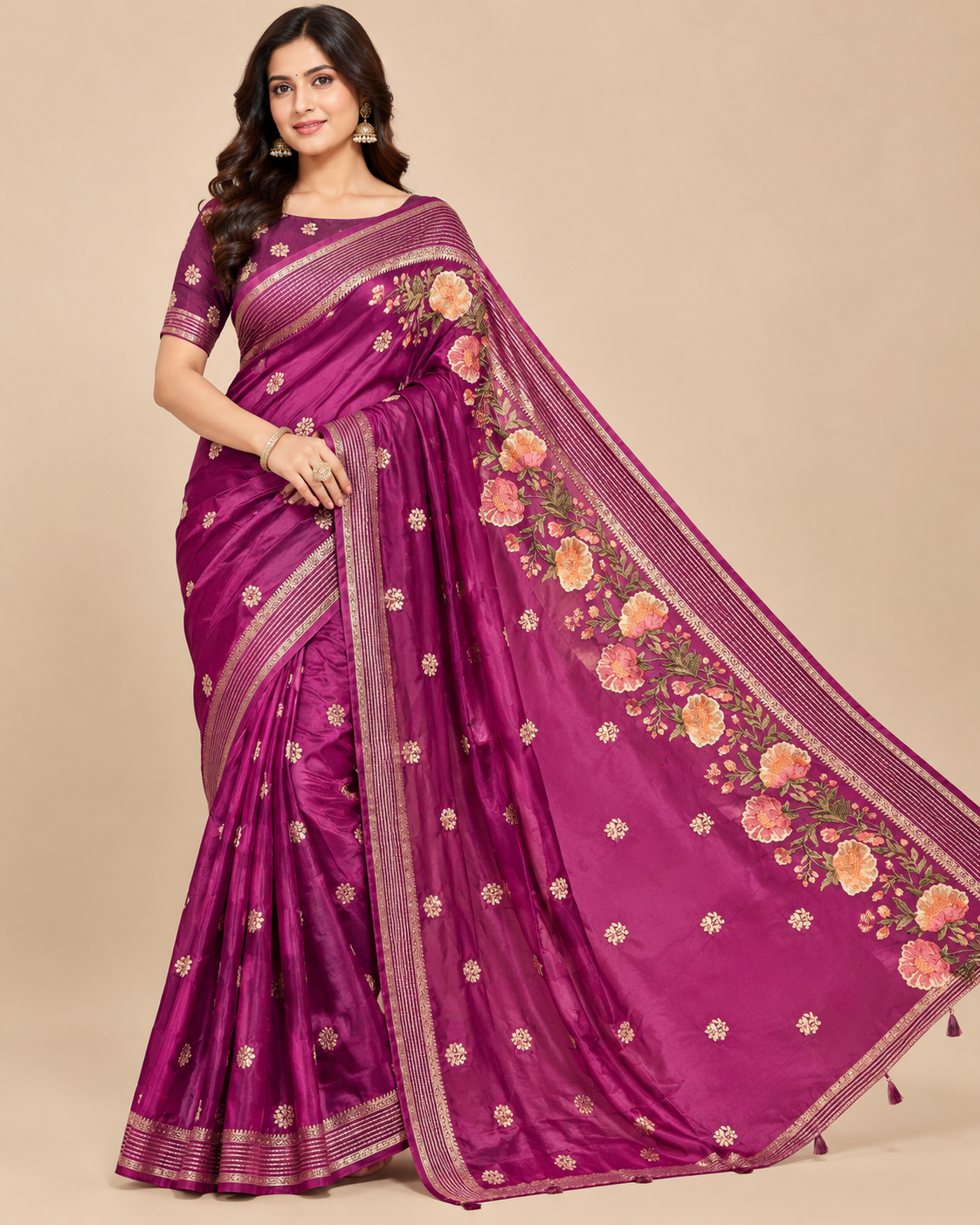 Navy Blue Floral Embroidered Silk Saree