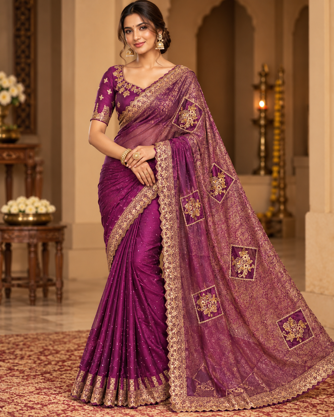 Deep Purple Zari Embroidered Silk Saree Main image