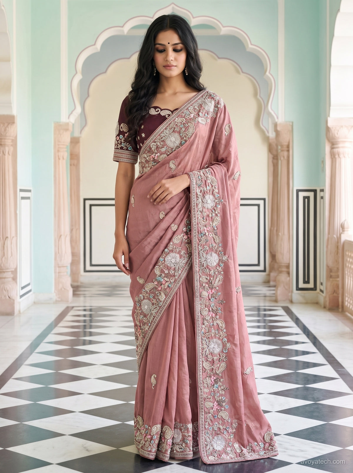 Dusty Pink Soft Fabric Saree with Floral Embroidery