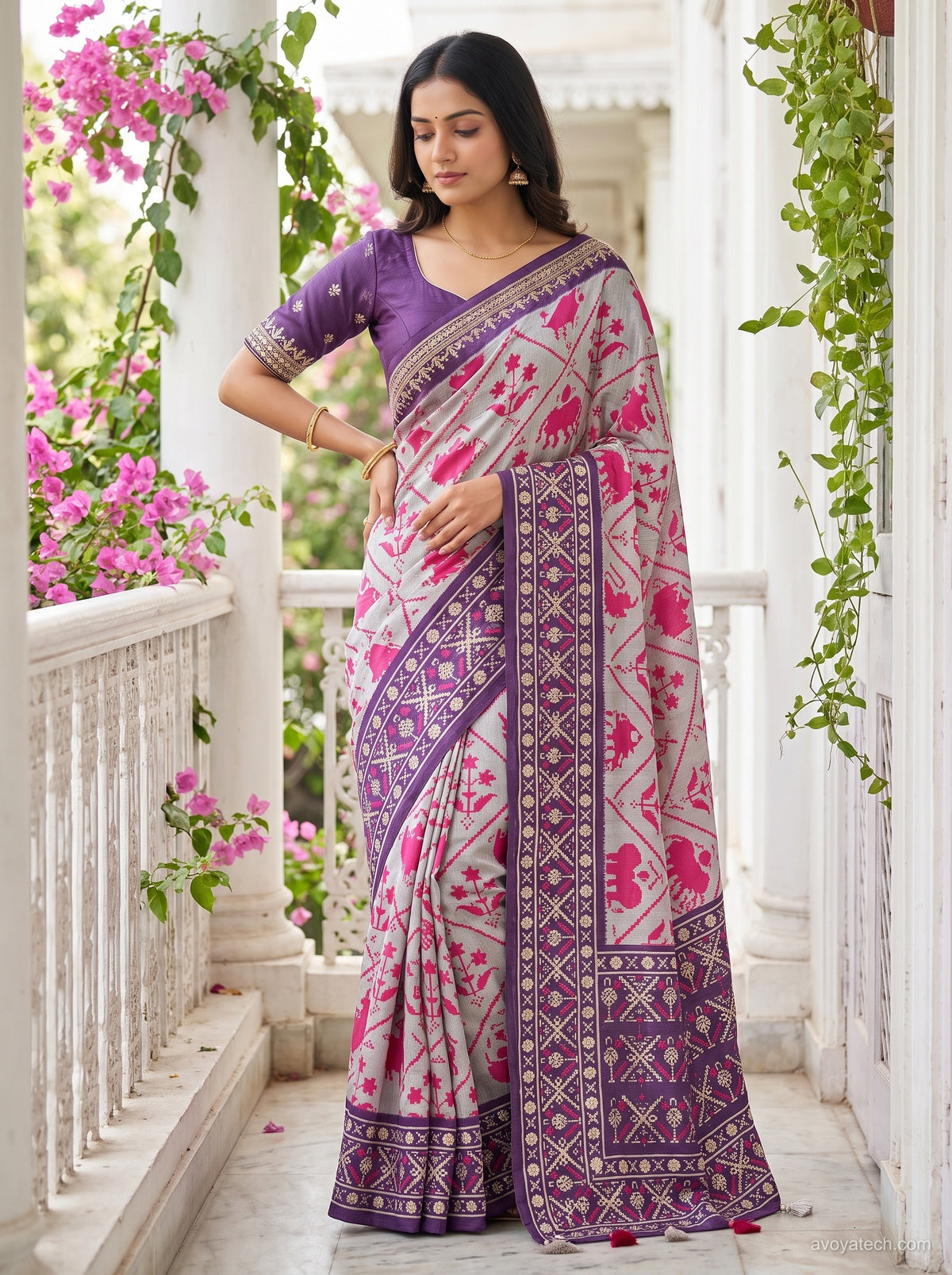Ivory White Saree with Purple & Pink Floral Border