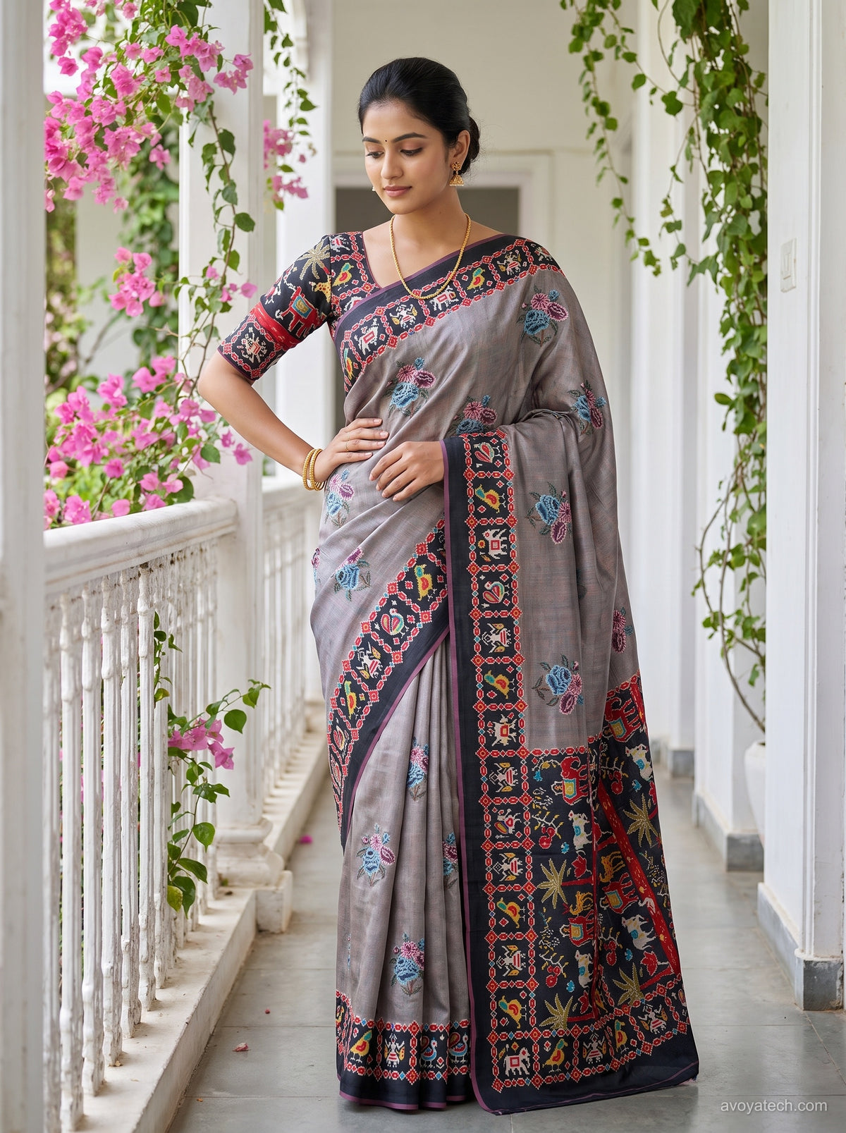 Grey Saree with Multicolour Traditional Embroidered Border