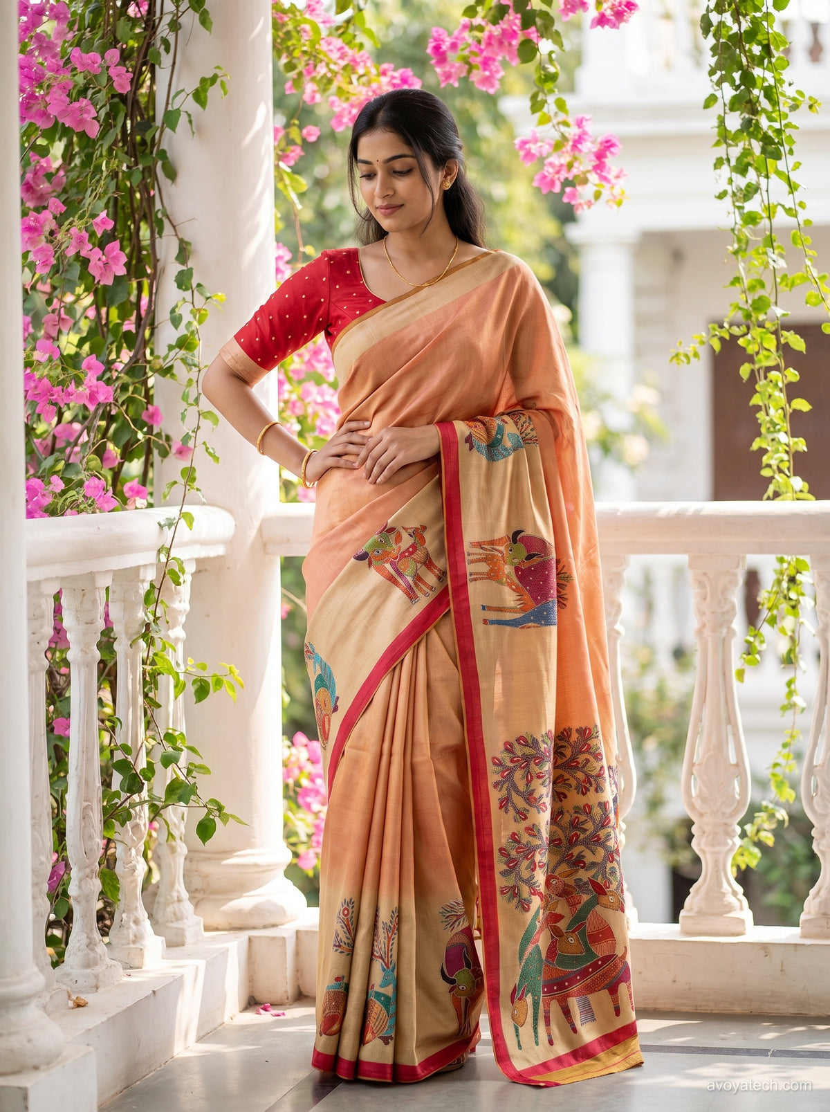 Peach Orange Saree with Multicolour Floral Printed Border
