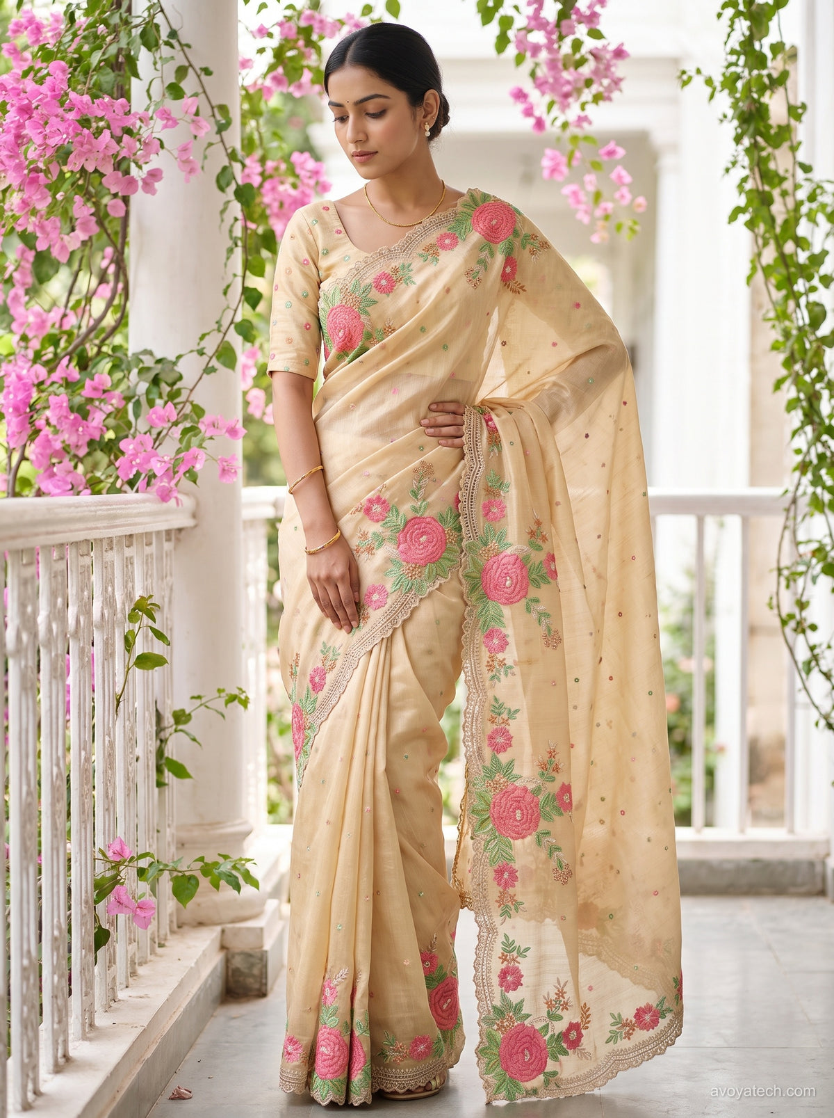 Peach Beige Saree with Pink Floral Embroidery