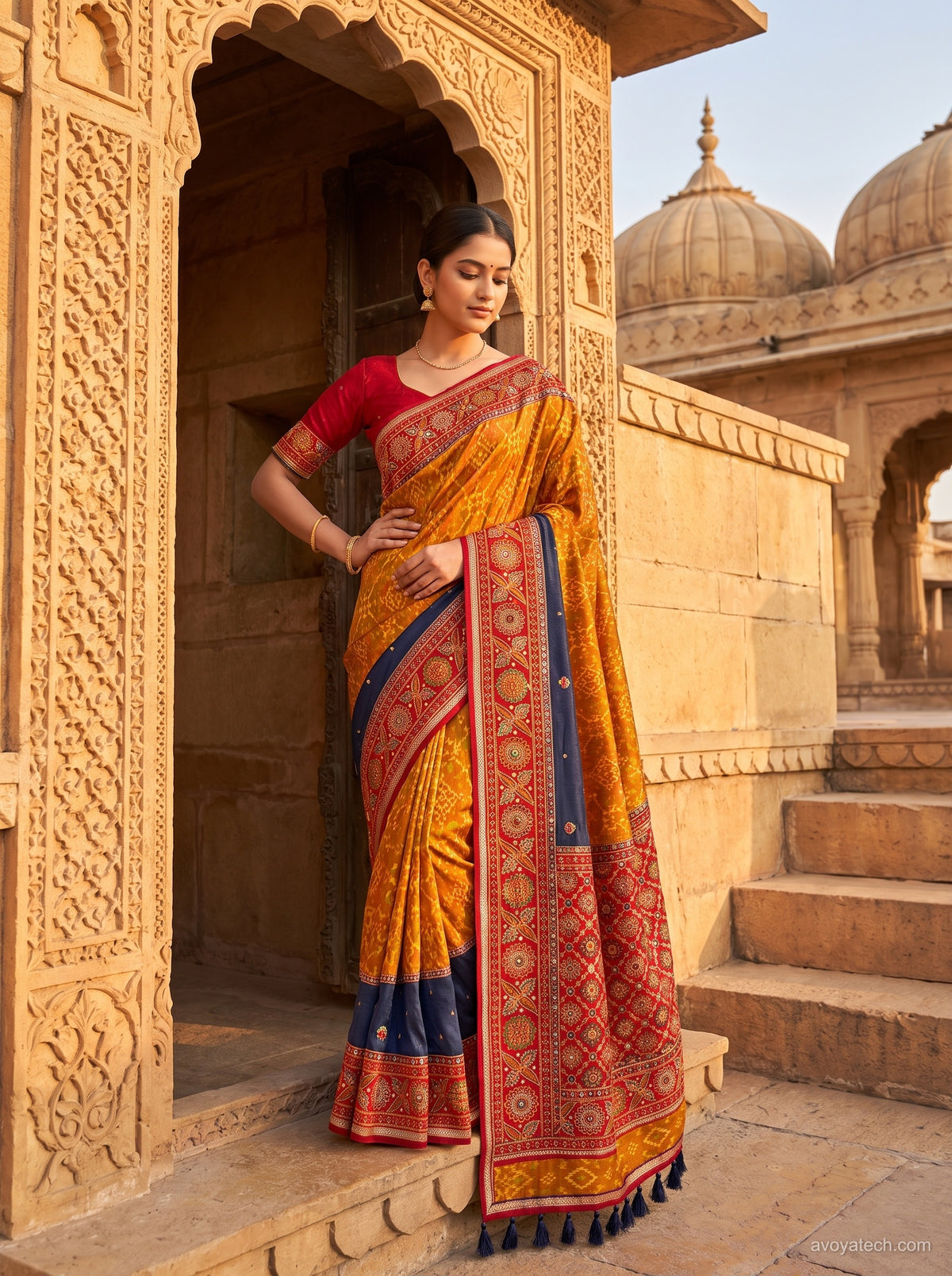 Mustard Orange & Red Printed Saree