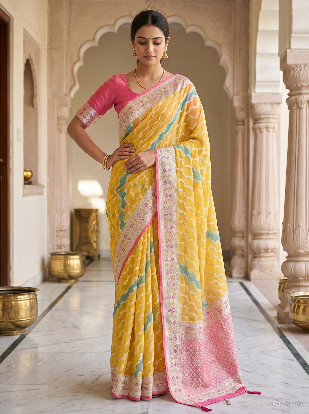 Yellow & Pink Wavy Printed Saree
