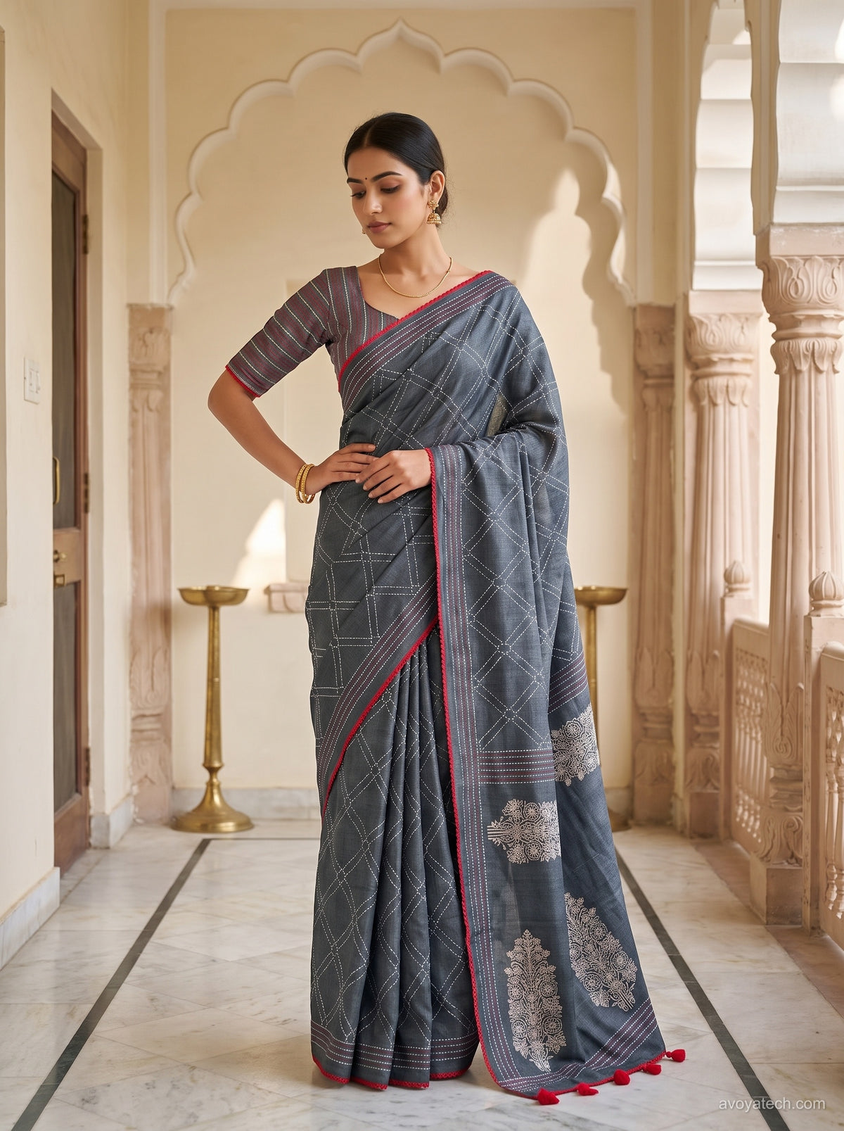 Steel Blue Printed Saree