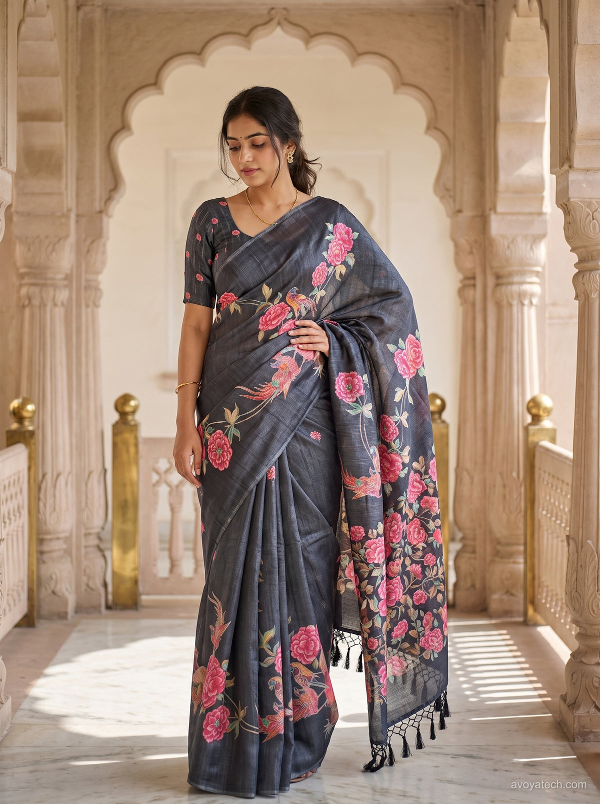 Charcoal Grey Floral Printed Saree Main image