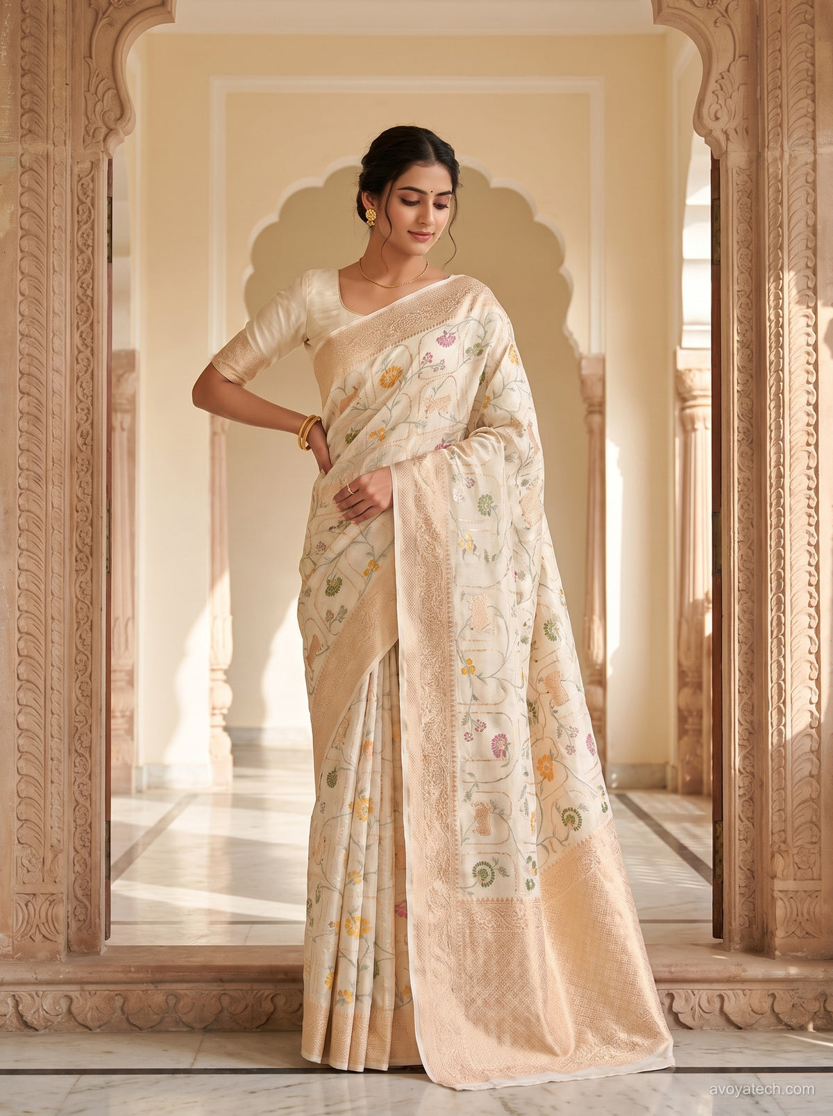 Ivory Floral Printed Saree Main image
