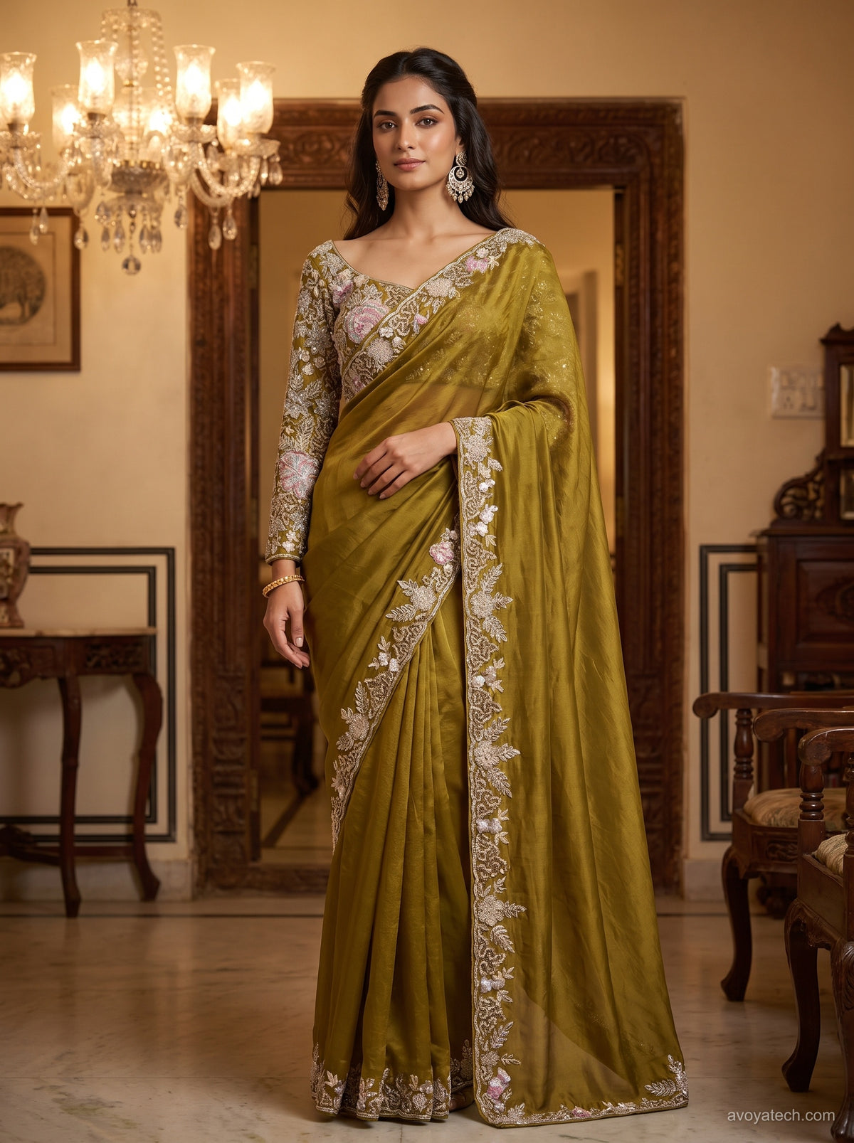 Olive Green Organza Embroidered Saree