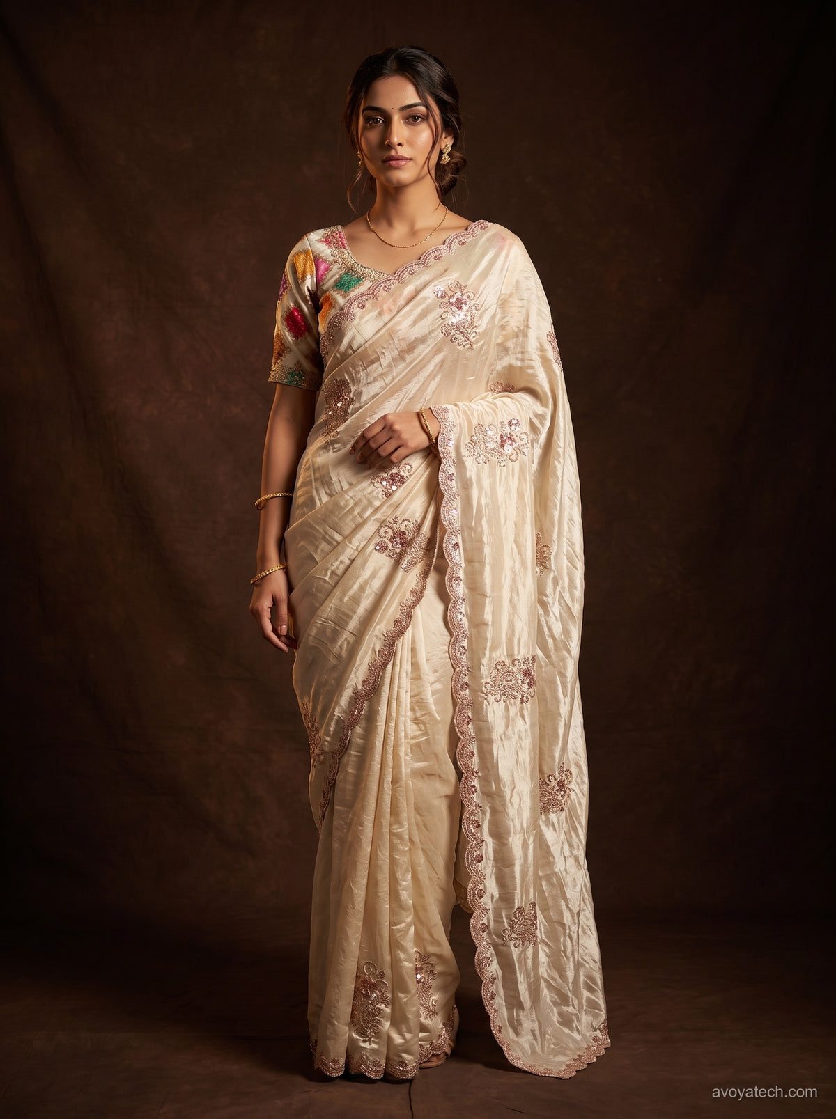 Cream Silk Saree with Delicate Embroidered Motifs Main image
